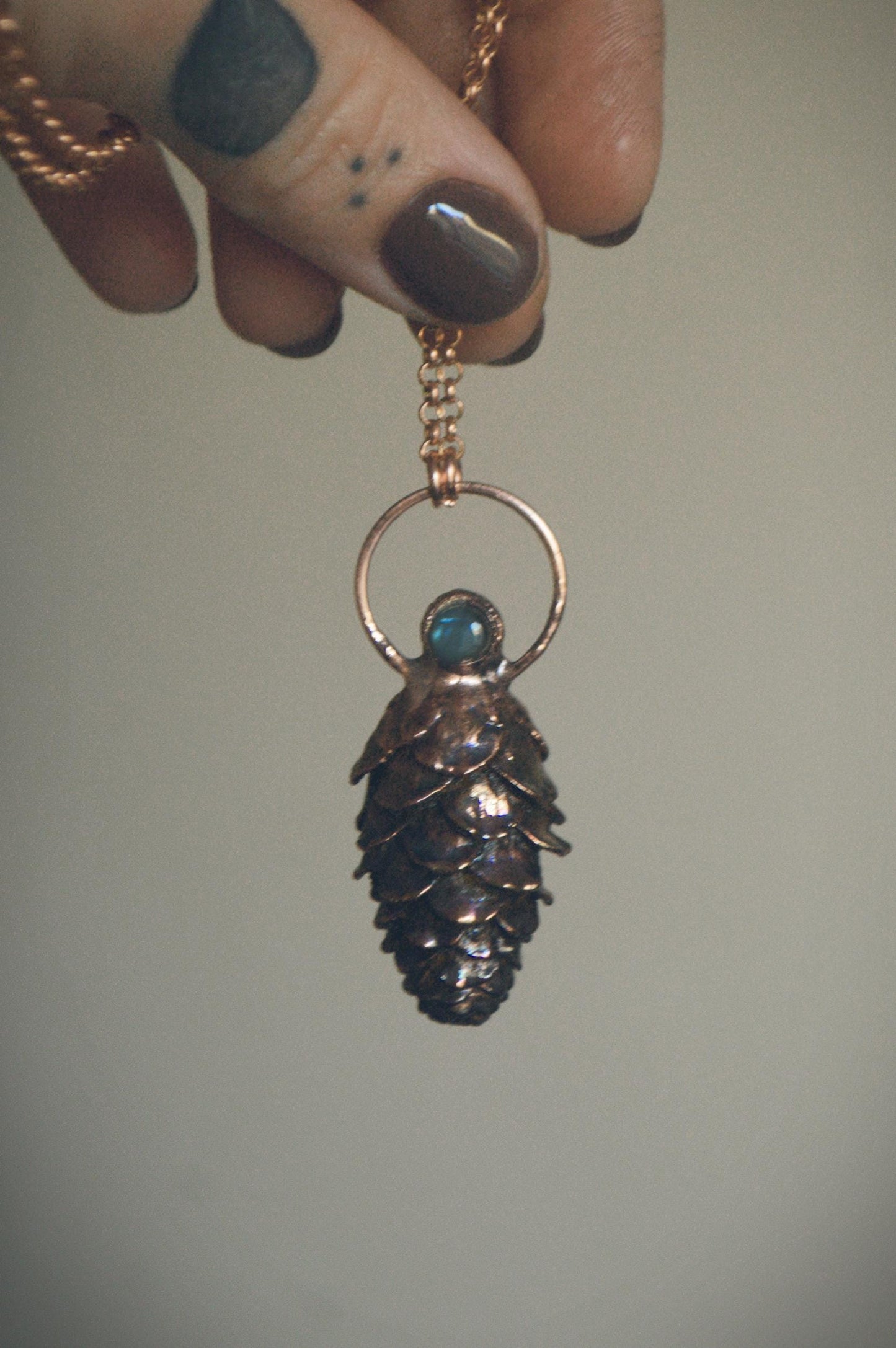 Real pinecone formed in copper pendant with blue labradorite, Christmas gift for her