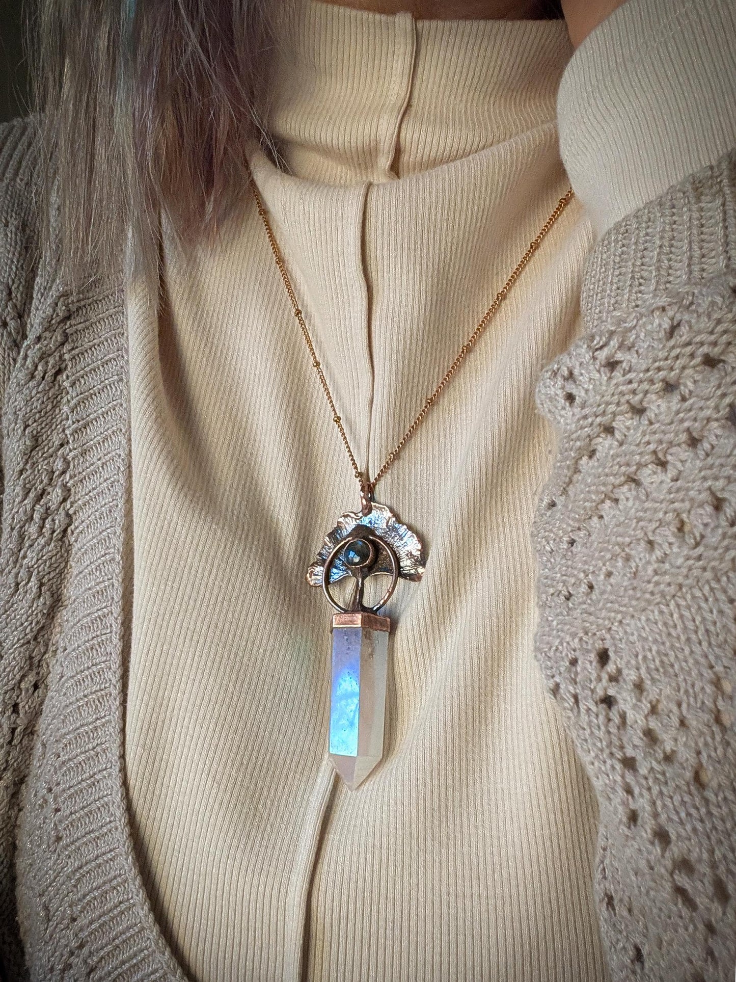 Real gingko leaf aura rose quartz point with labradorite. Botanical jewellery