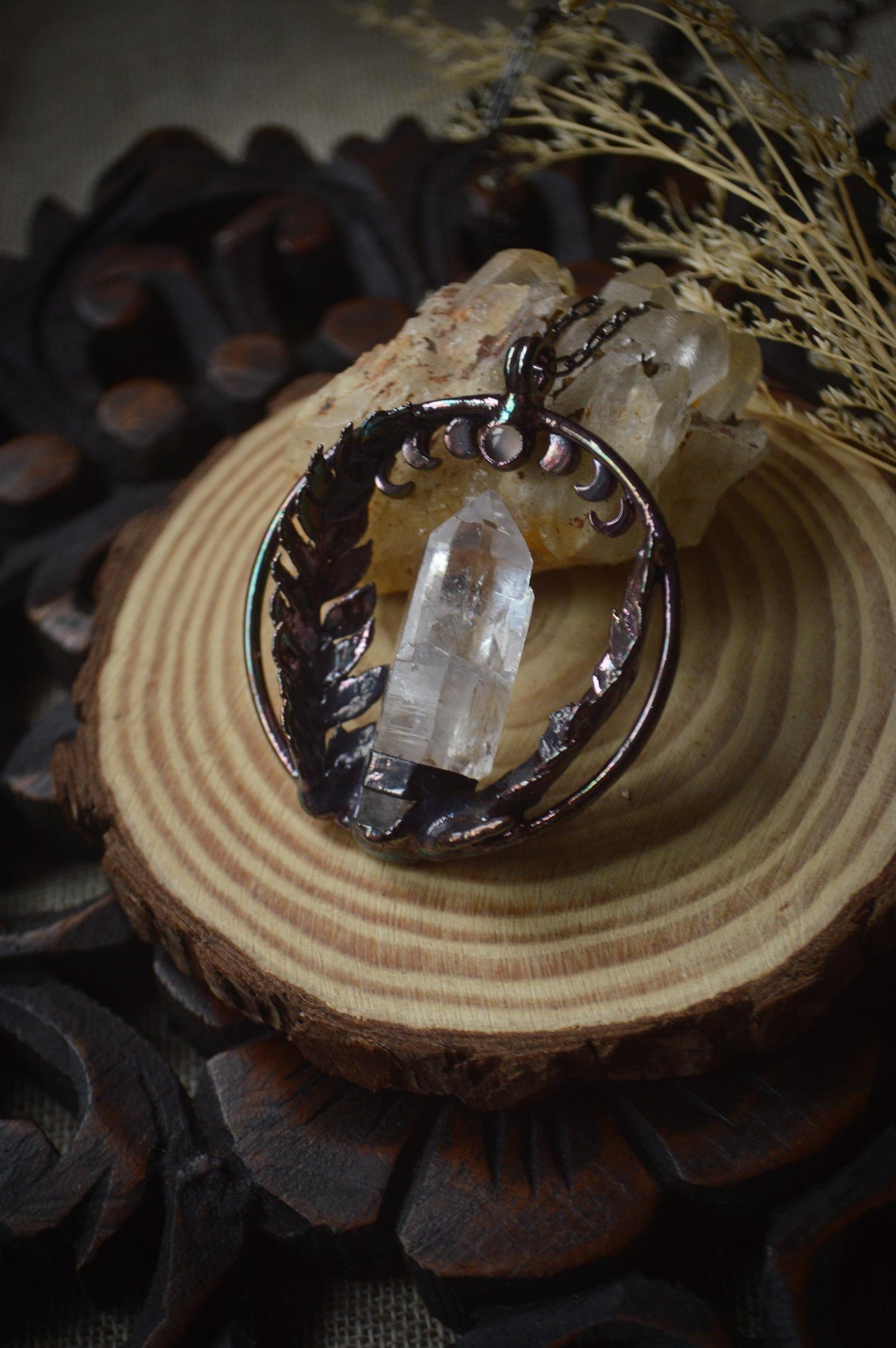 Lunar cycle, real fern leaf necklace with raw quartz and moonstone, dreamy jewellery