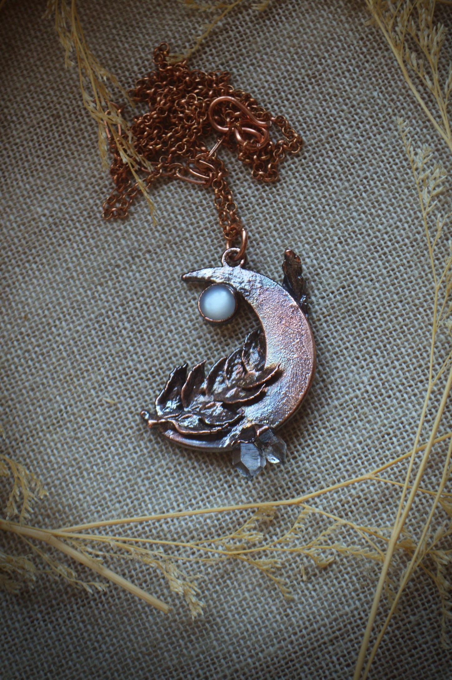 Real fern leaf necklace with raw quartz and moonstone, dreamy jewellery