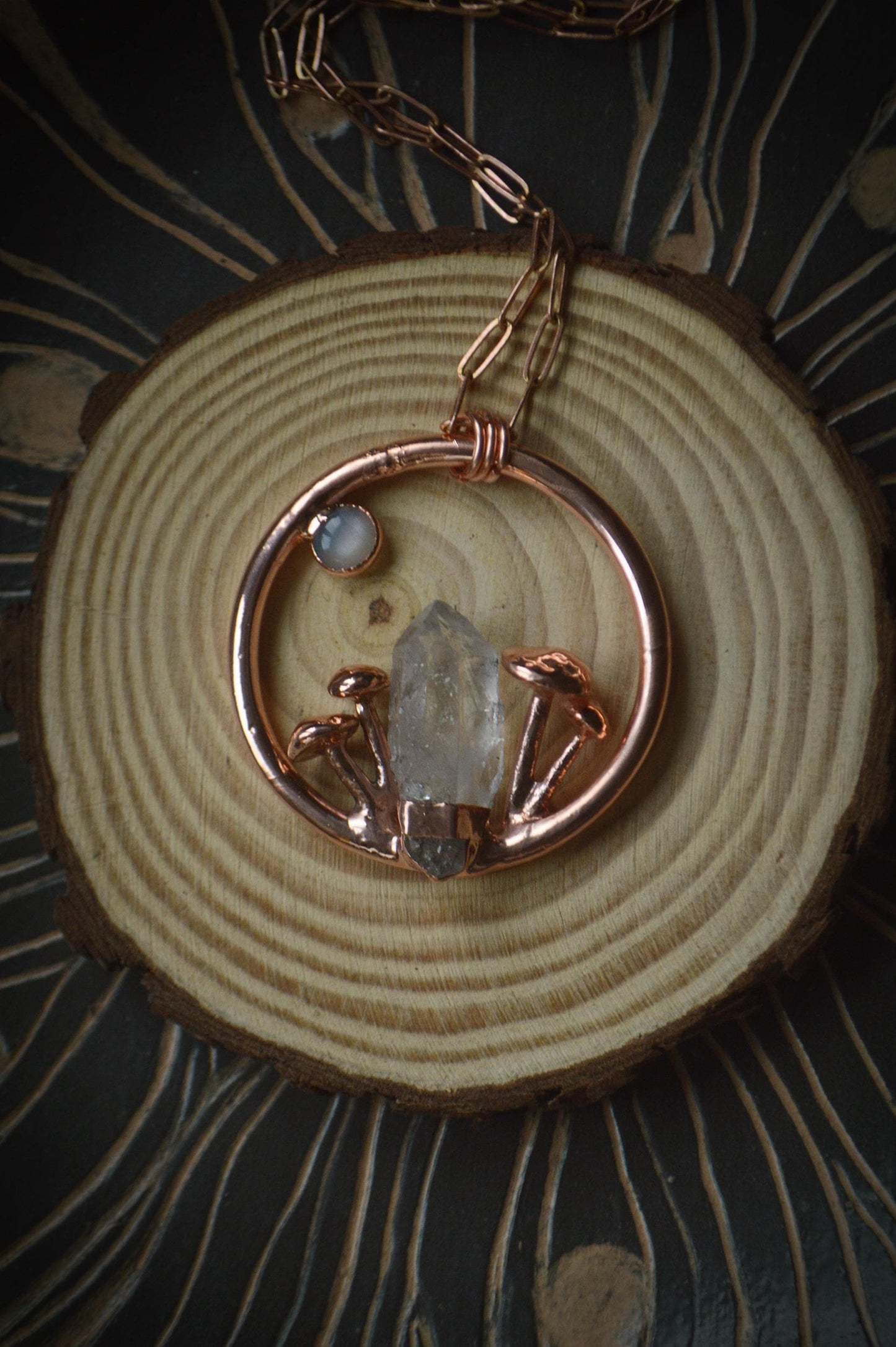 Raw crystal quartz statement mushroom pendant with grey moonstone