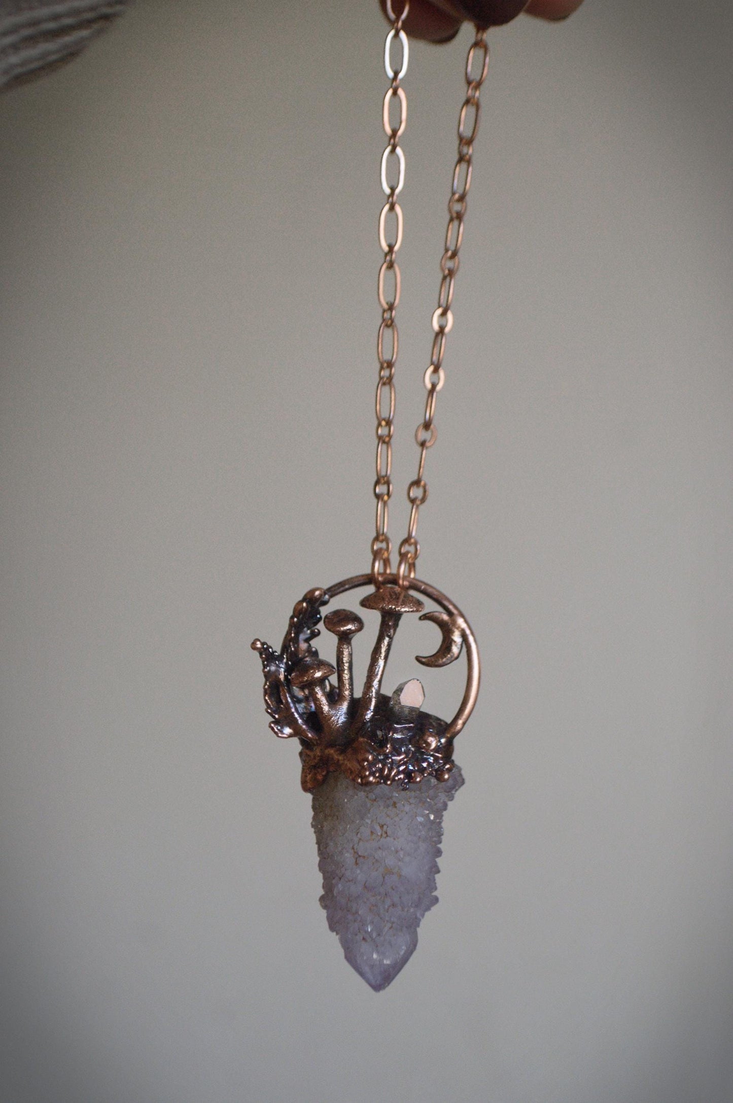 Whimsical fairy quartz tower, mini landscape pendant with tiny moon and mushrooms