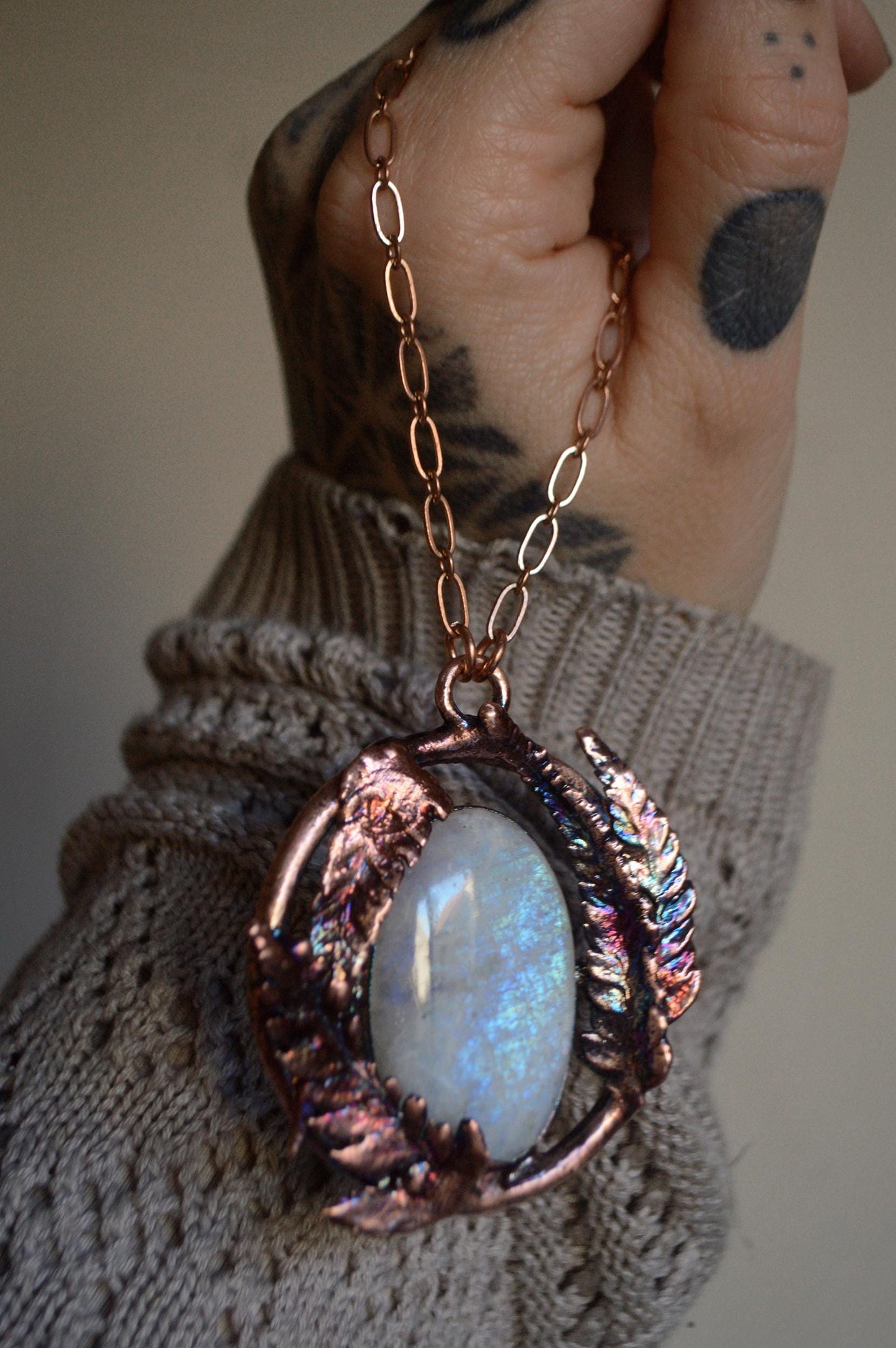 Statement rainbow moonstone pendant with real ferns. Botanical, boho wedding