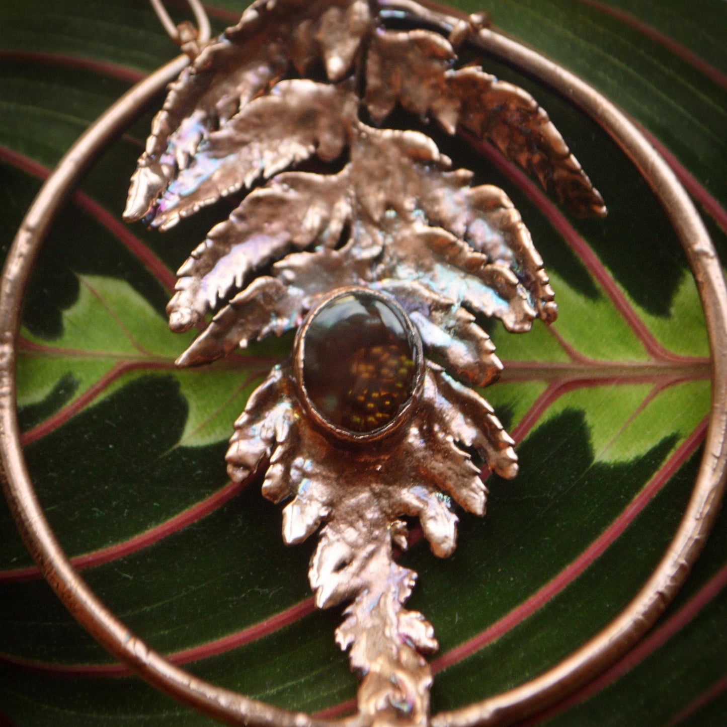 Reversible pendant, real fern with high grade fire agate. Rainbow copper necklace