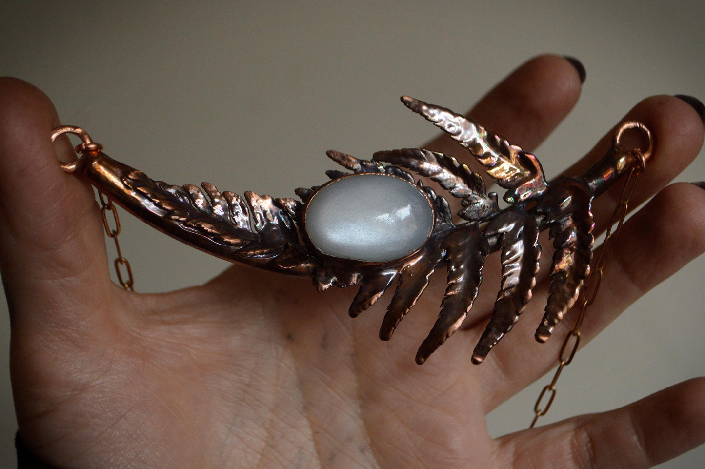 Real fern leaf collar with grey moonstone. Statement botanical necklace