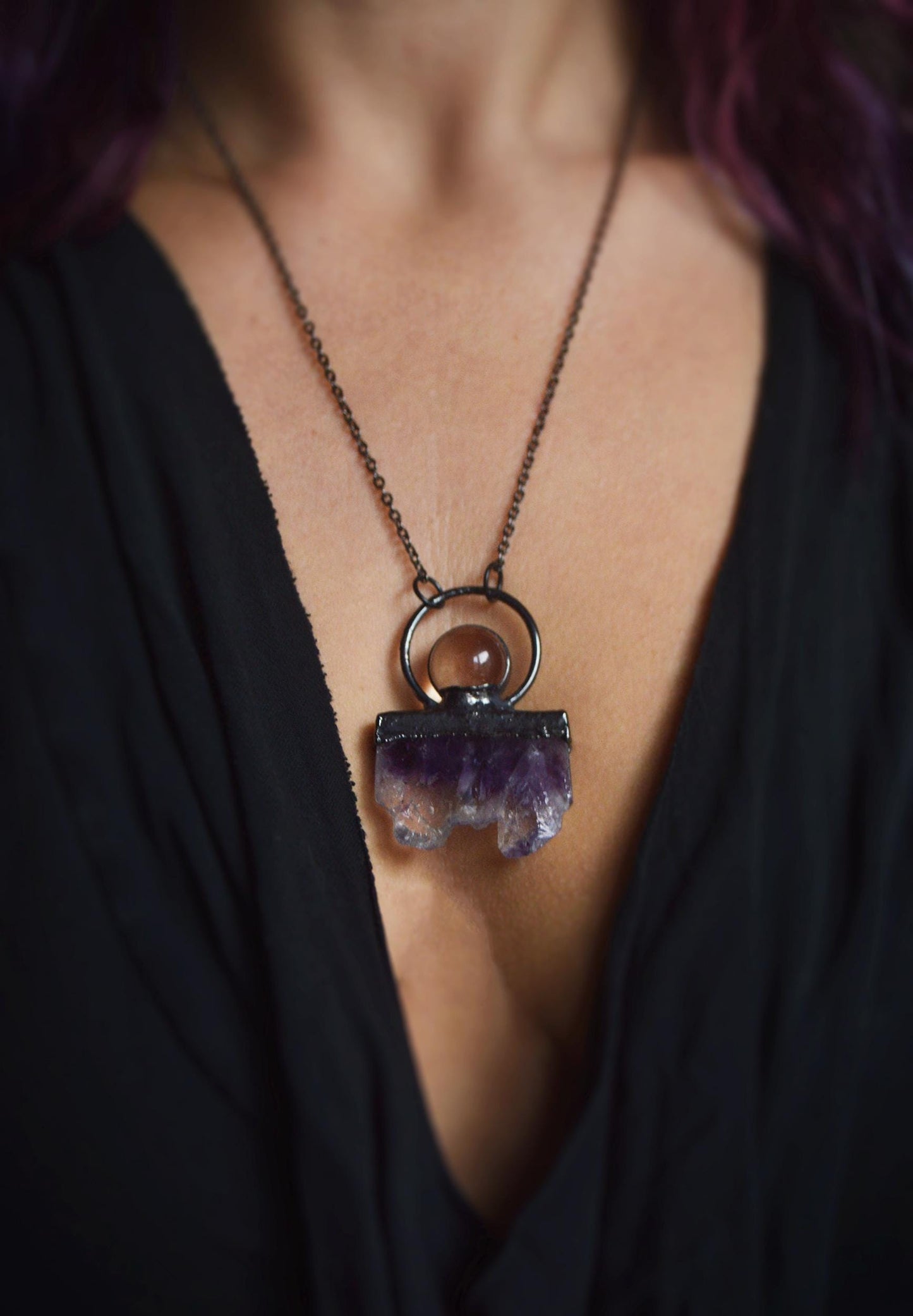 Fern pendant with aura quartz point and amethyst, fairy jewellery