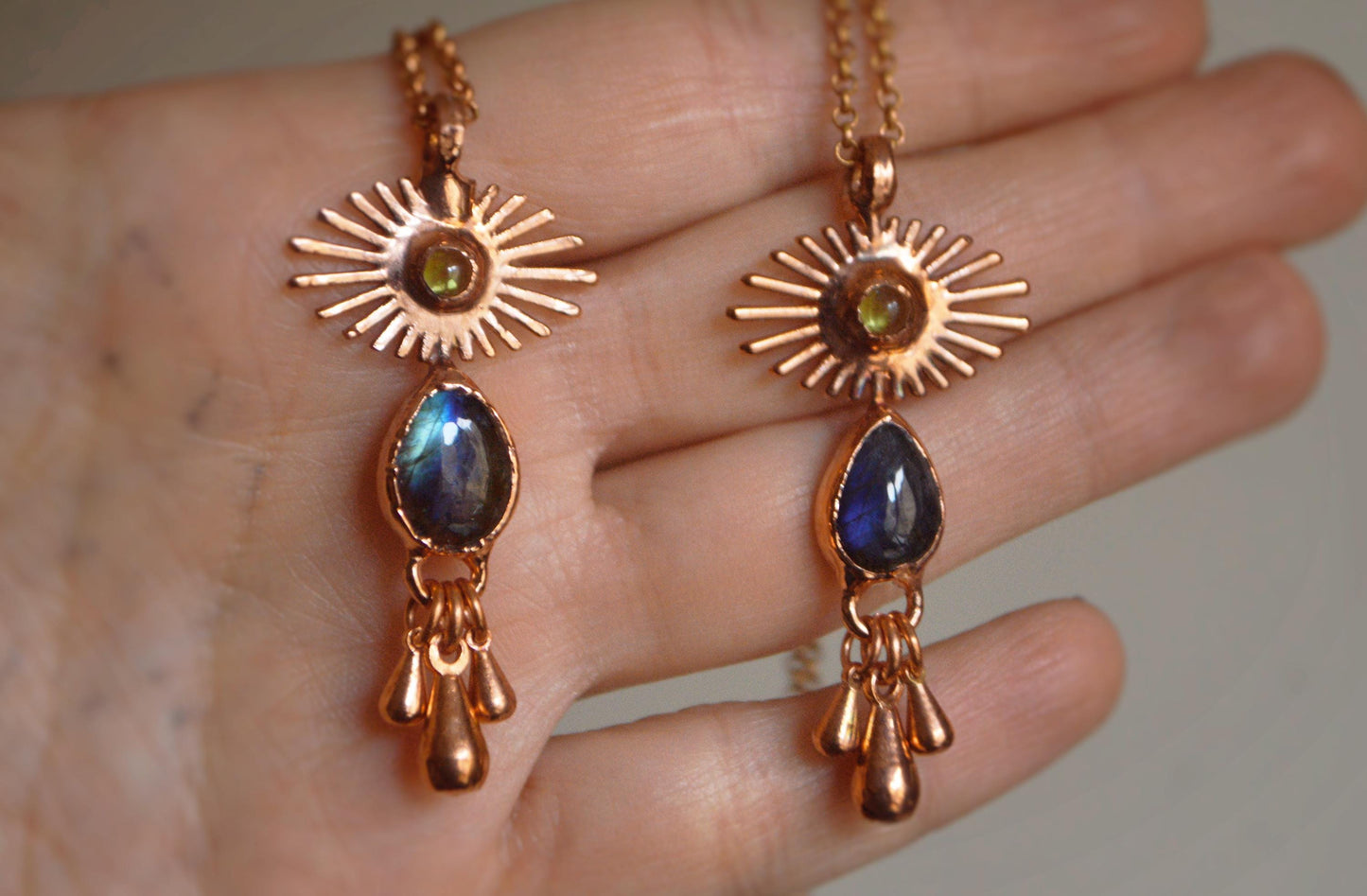 Crying eye pendant with labradorite and peridot. Fringe tassel jewellery