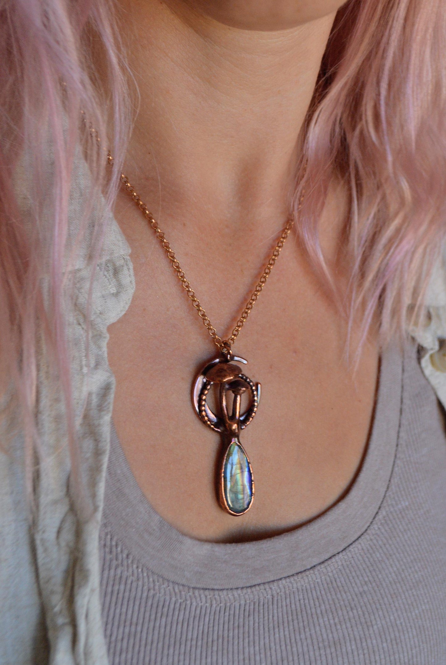 Unique piece, mushroom and moon necklace with rainbow labradorite. Cottage core whimsy jewelry