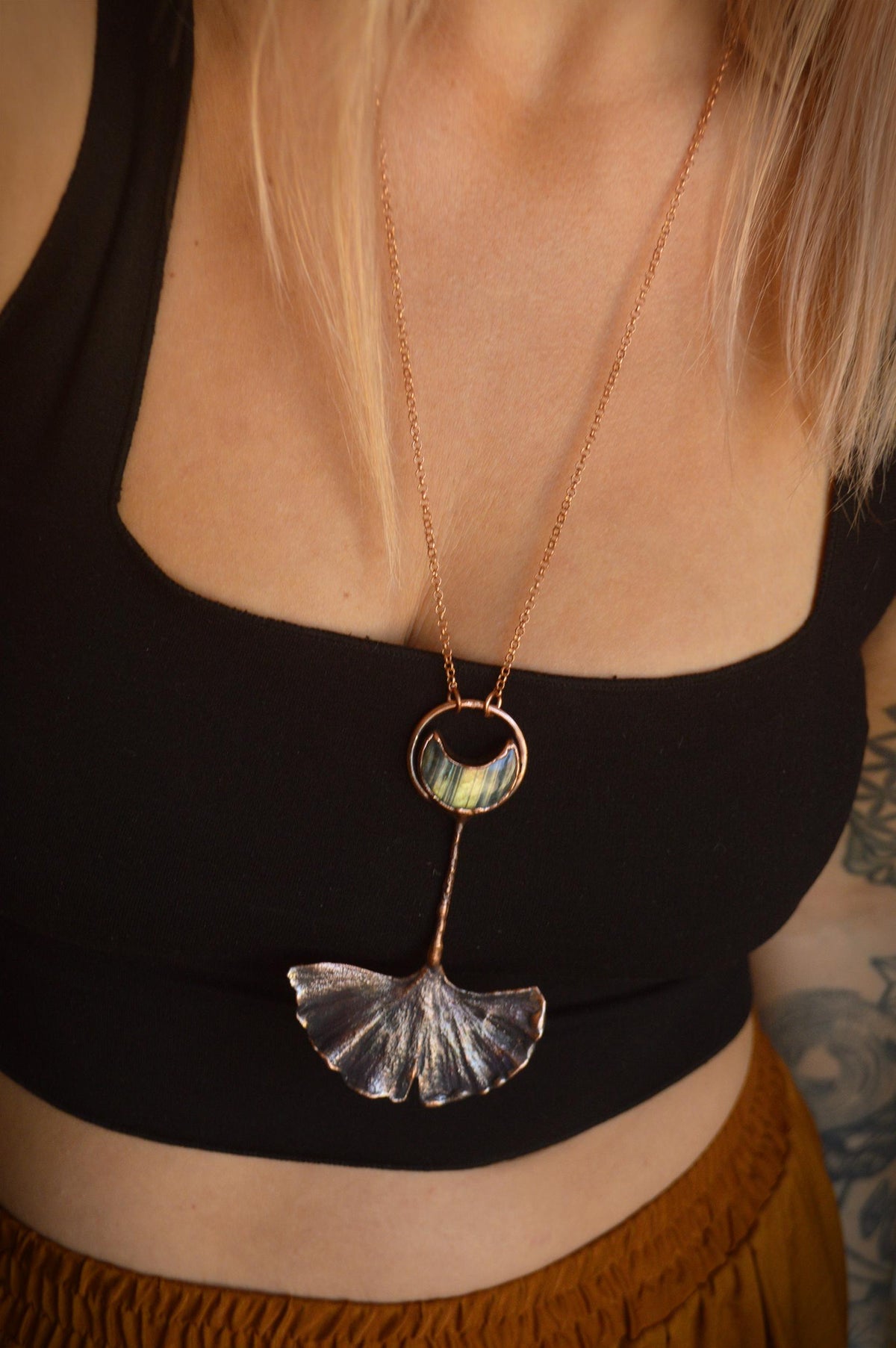 Labradorite Gingko leaf necklace, dreamy pendant with yellow labradorite crescent moon