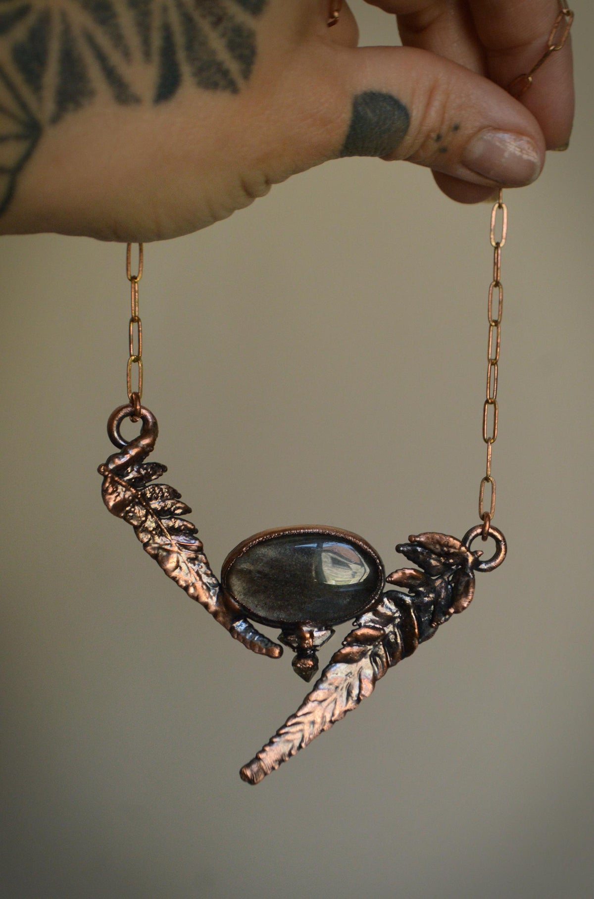 Fern necklace with silver obsidian and herkimer diamonds. Boho botanical necklace