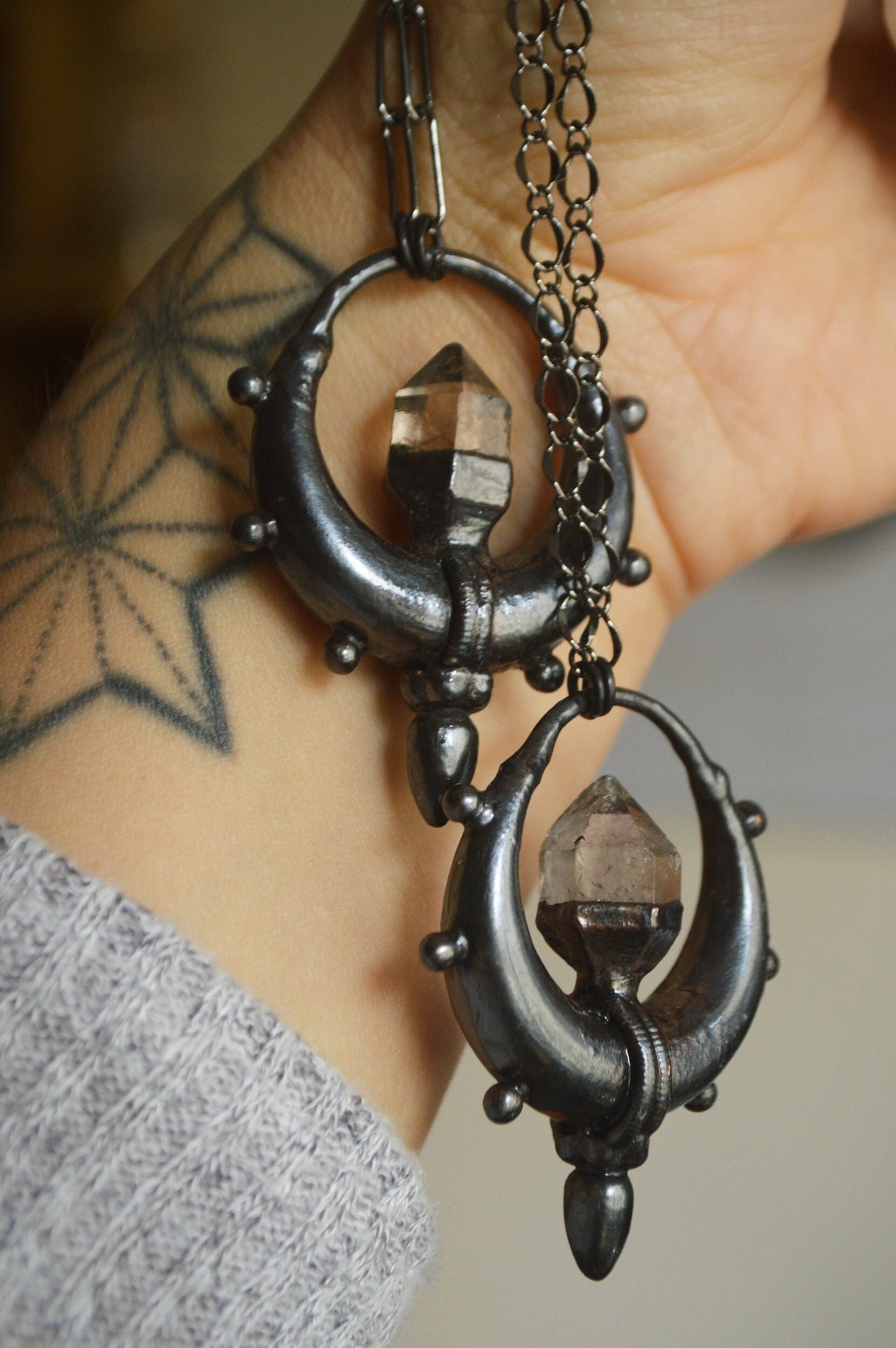 A *new moon collection* Total black herkimer diamond tribal electroformed pendant
