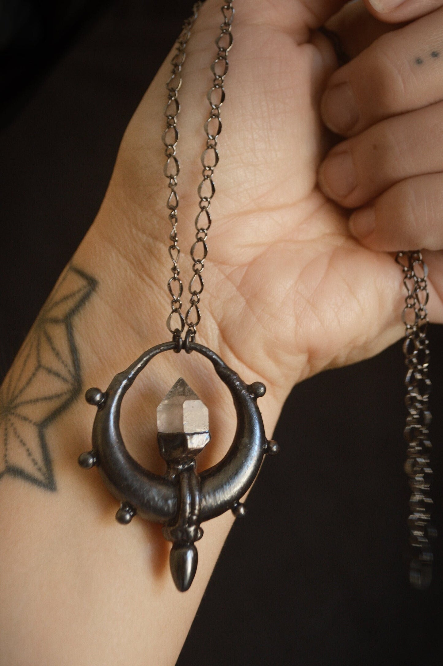Total black herkimer diamond tribal electroformed pendant