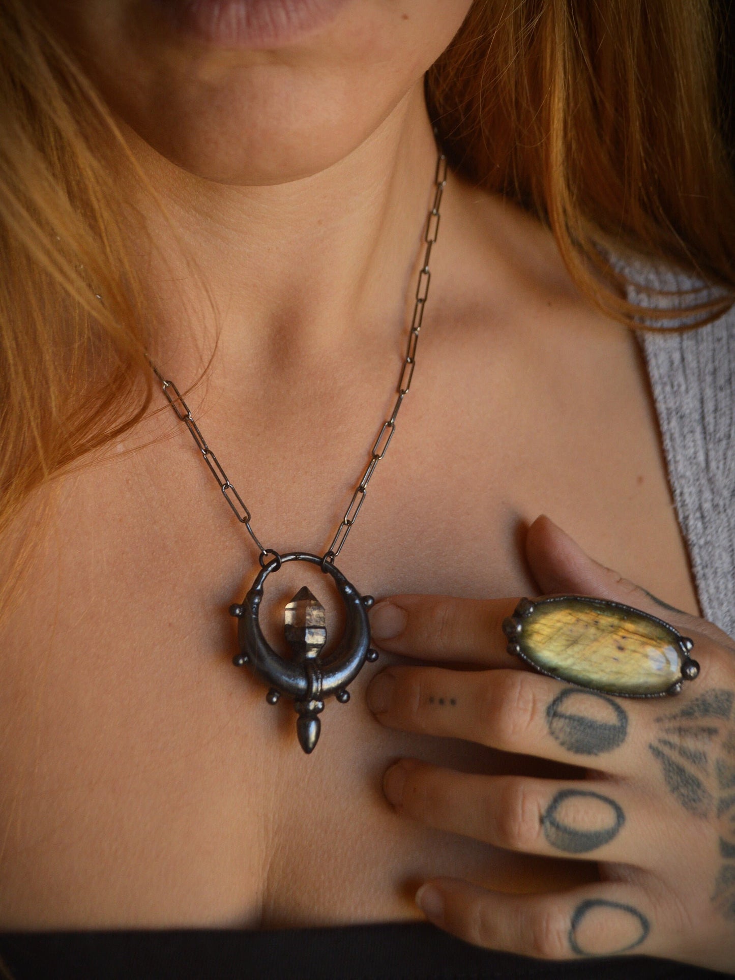 A *new moon collection* Total black herkimer diamond tribal electroformed pendant