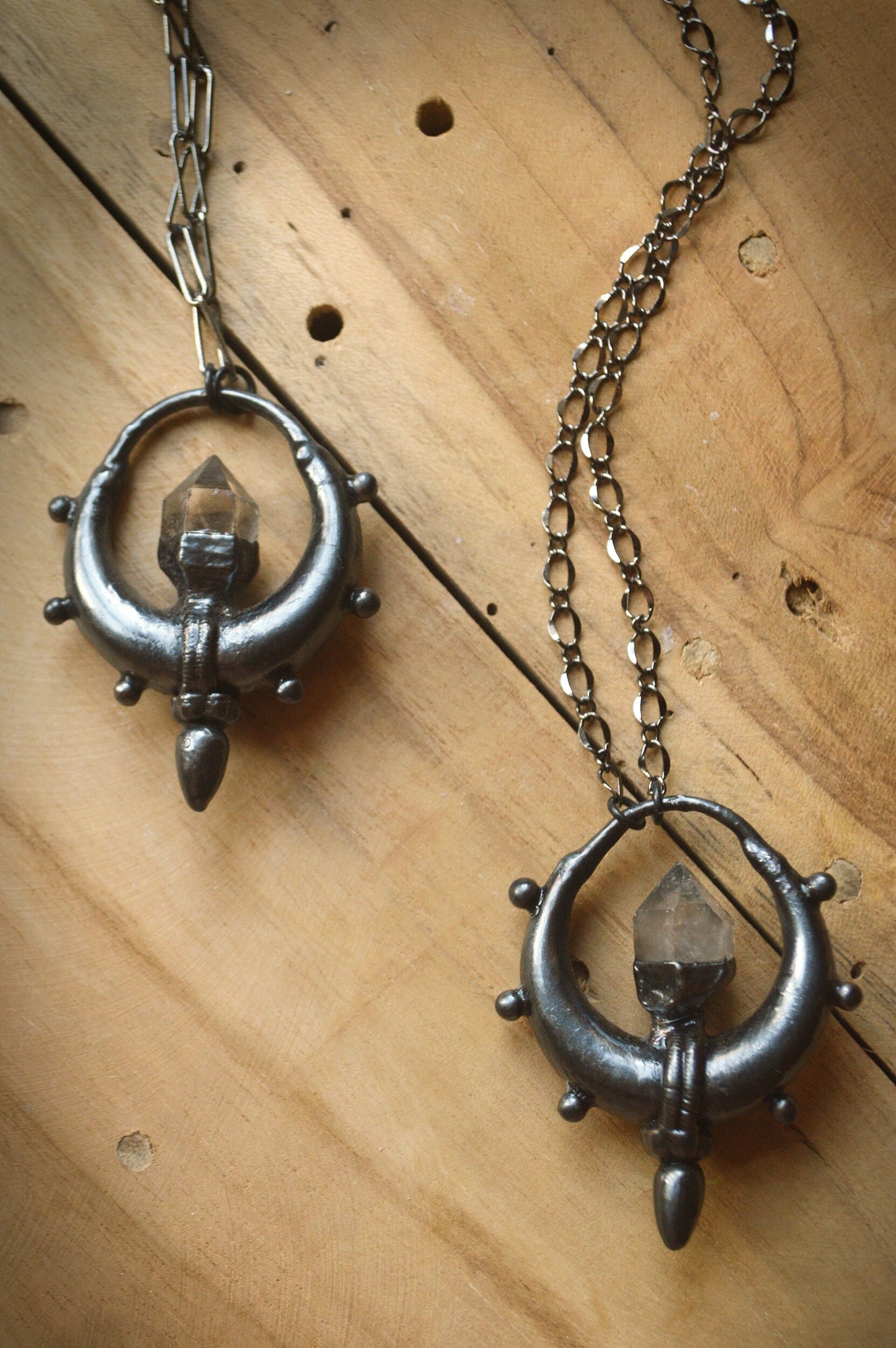 A *new moon collection* Total black herkimer diamond tribal electroformed pendant