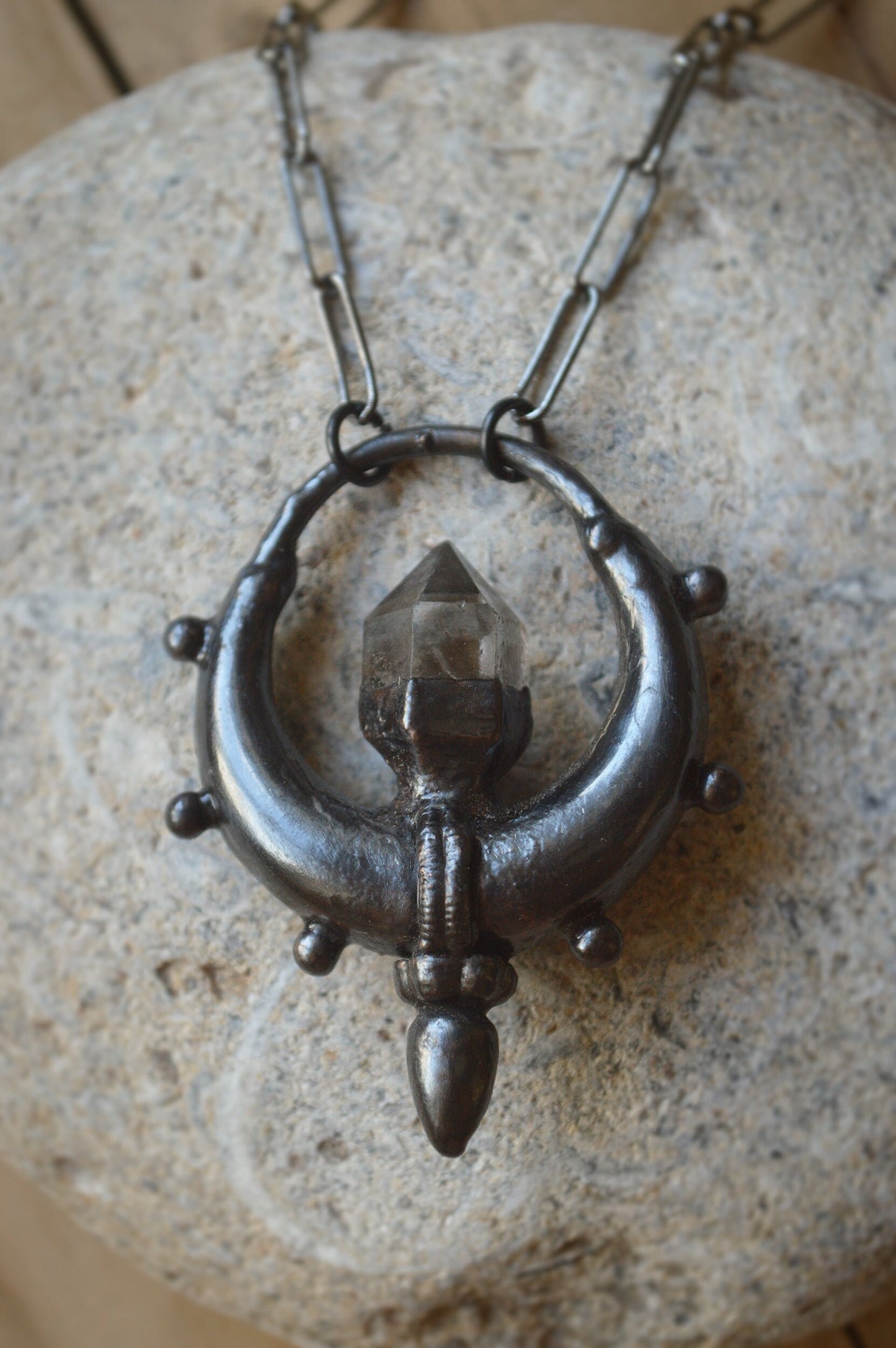 A *new moon collection* Total black herkimer diamond tribal electroformed pendant