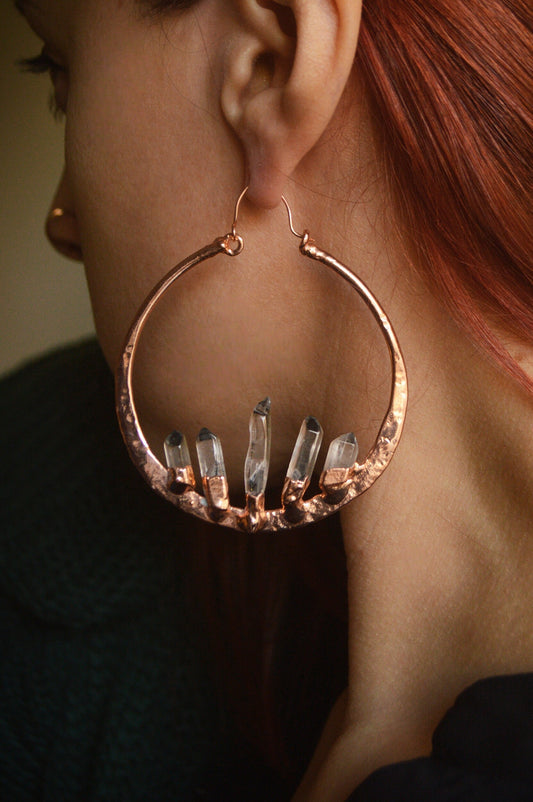 Oversized hammered hoops with quartz points. Electroformed rustic jewellery