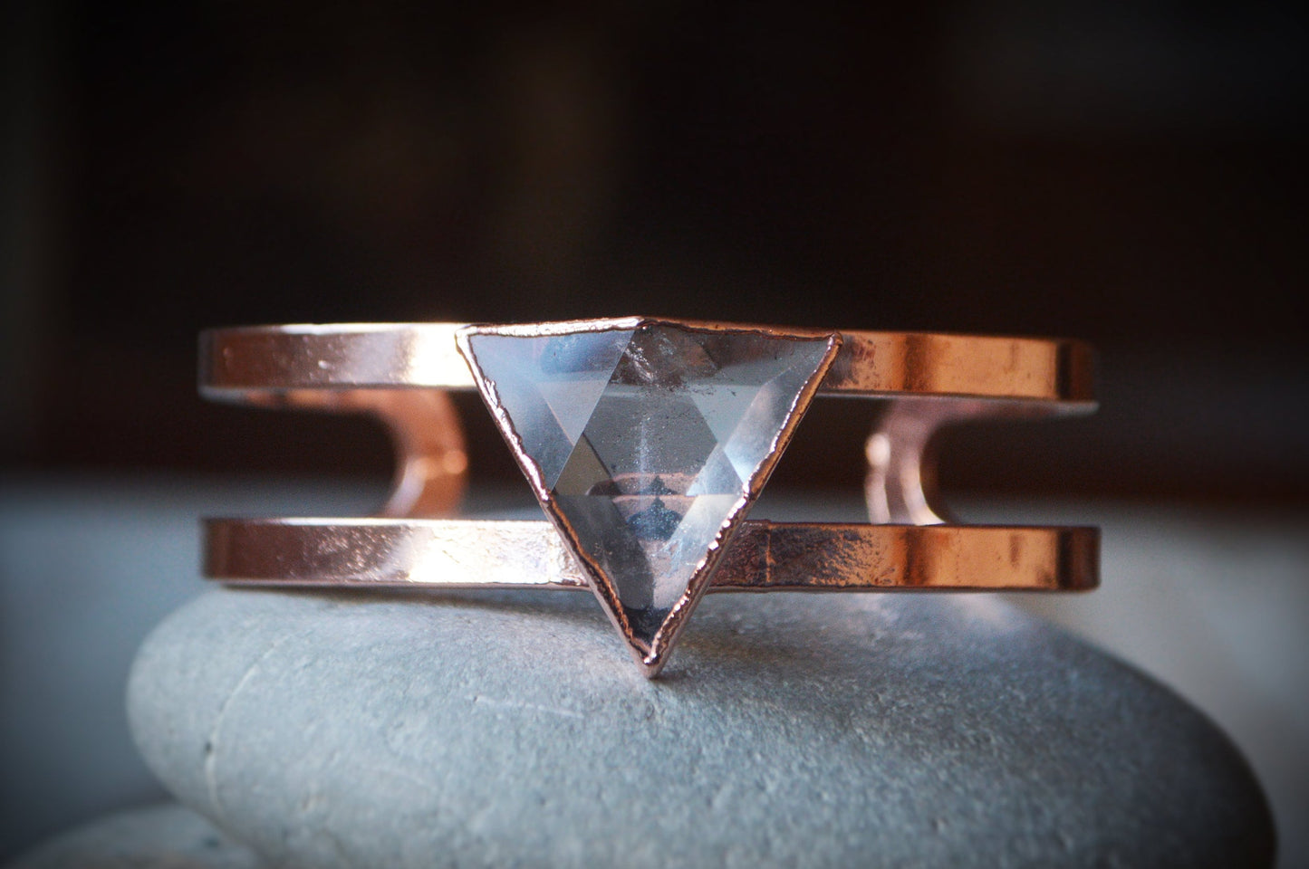 Trifecta shaped quartz pure copper bracelet. Crystal geometric bangle