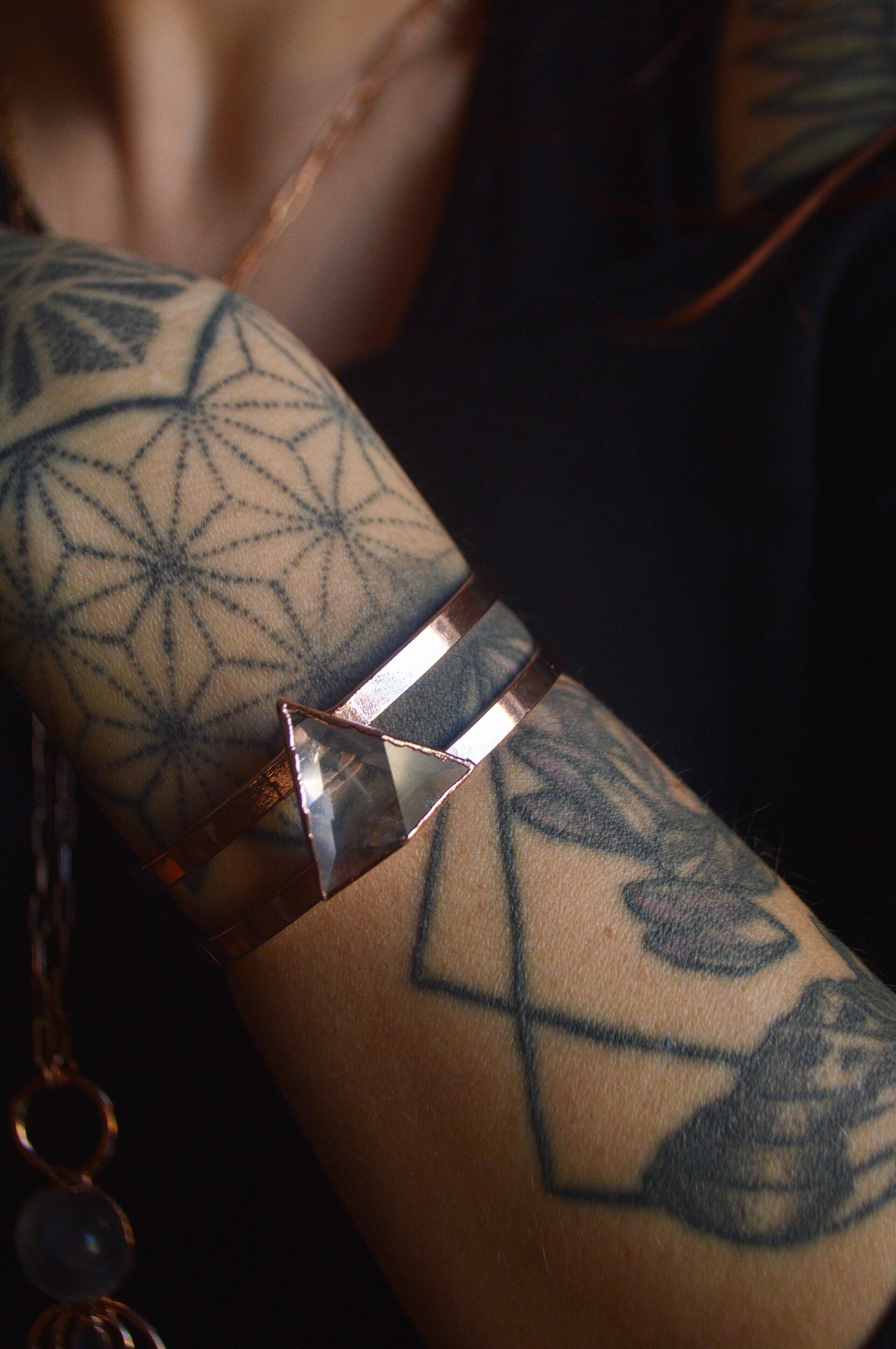 Trifecta shaped quartz pure copper bracelet. Crystal geometric bangle