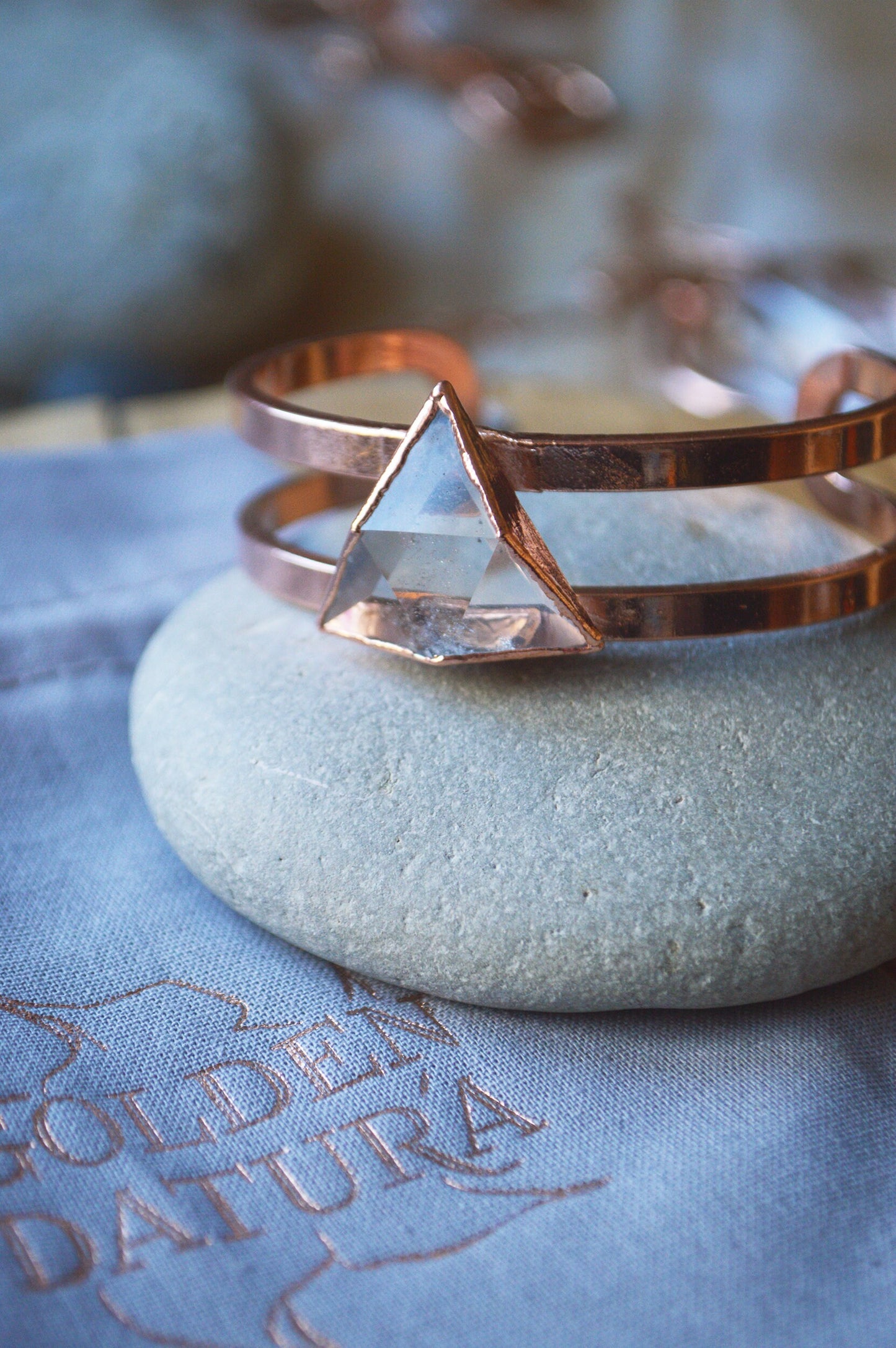 Trifecta shaped quartz pure copper bracelet. Crystal geometric bangle