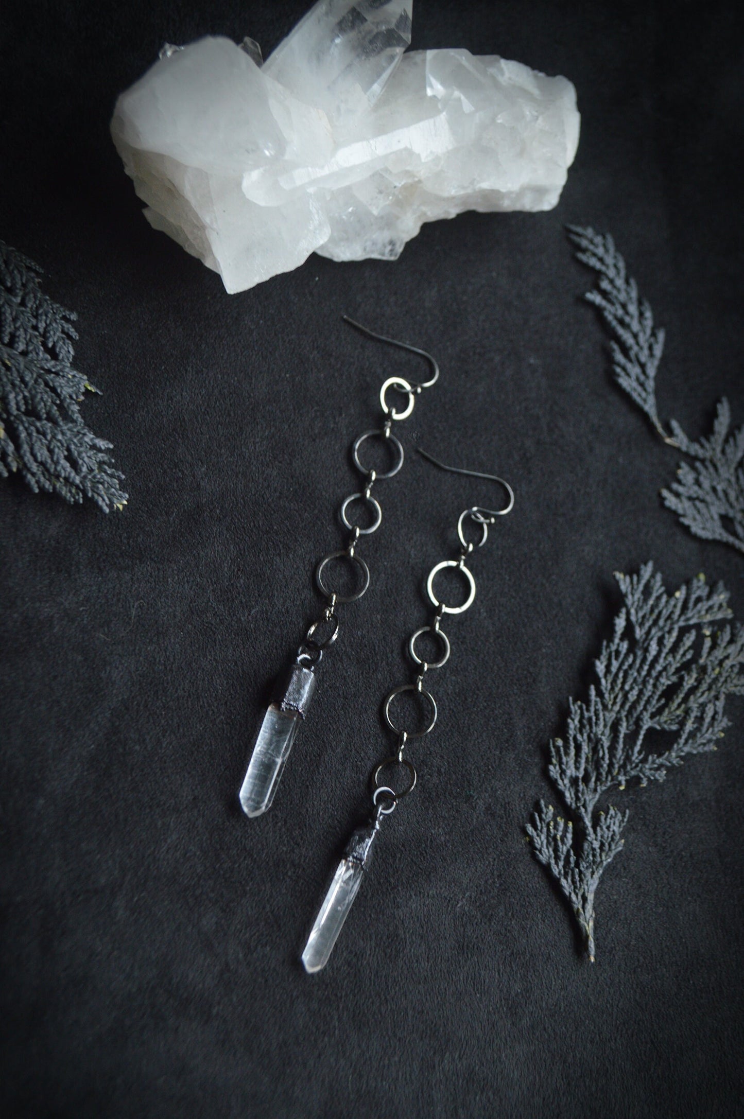Dangling earrings with quartz points. Extra long earrings. Gunmetal black jewellery