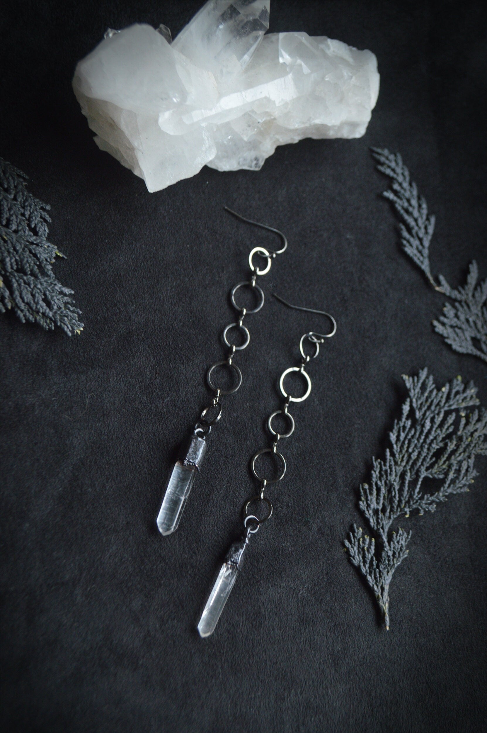 Dangling earrings with quartz points. Extra long earrings. Gunmetal black jewellery