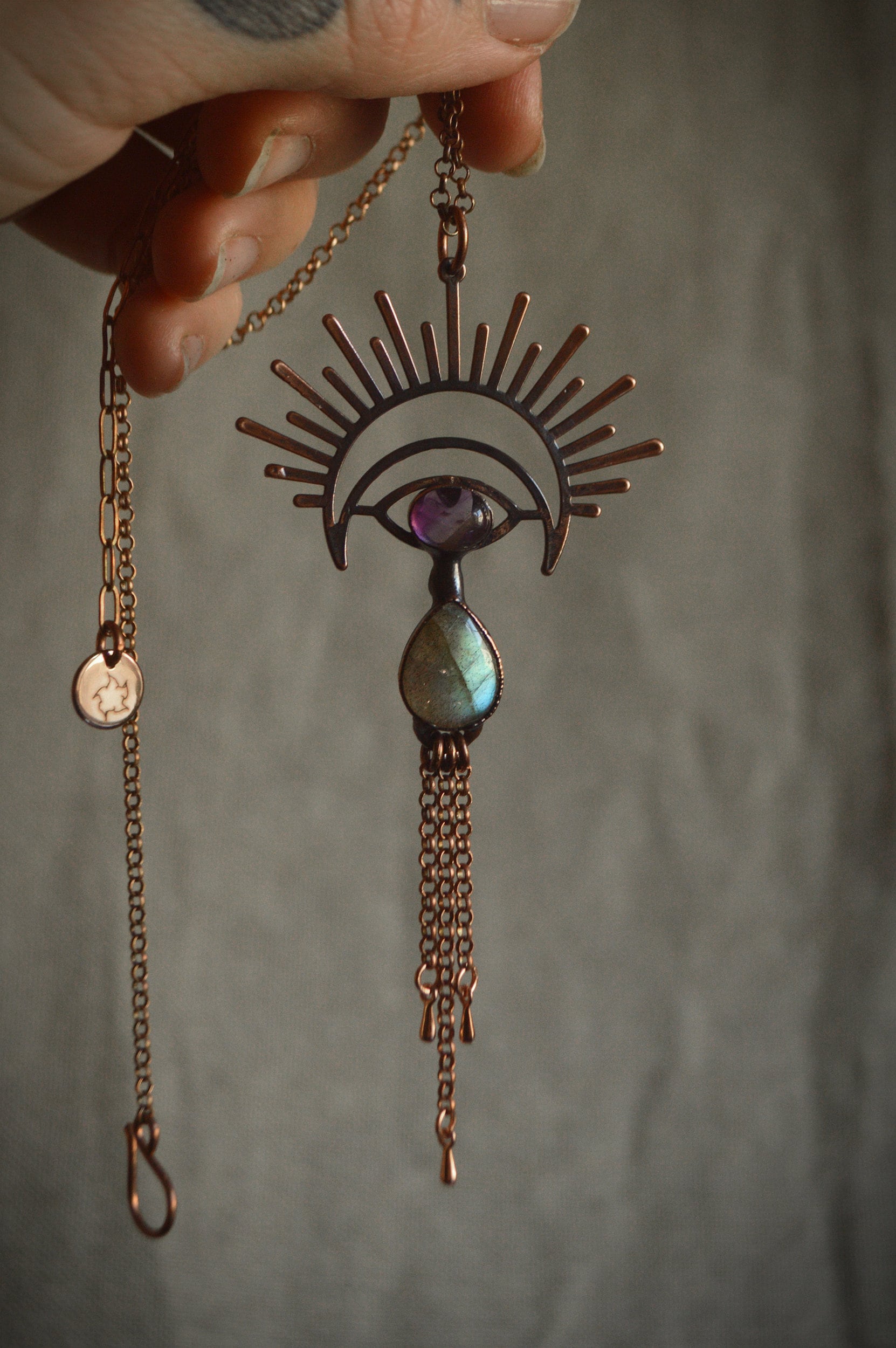 Copper eye pendant with labradorite and amethyst. Fringe tassel jewellery, boho style