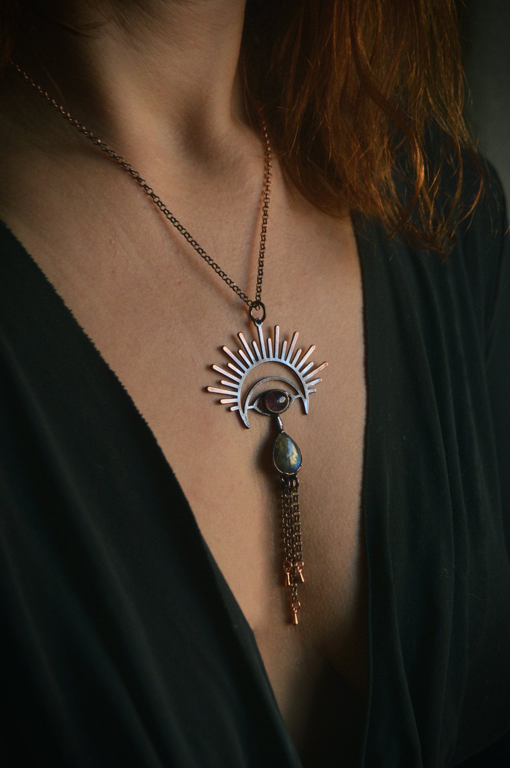 Copper eye pendant with labradorite and amethyst. Fringe tassel jewellery, boho style