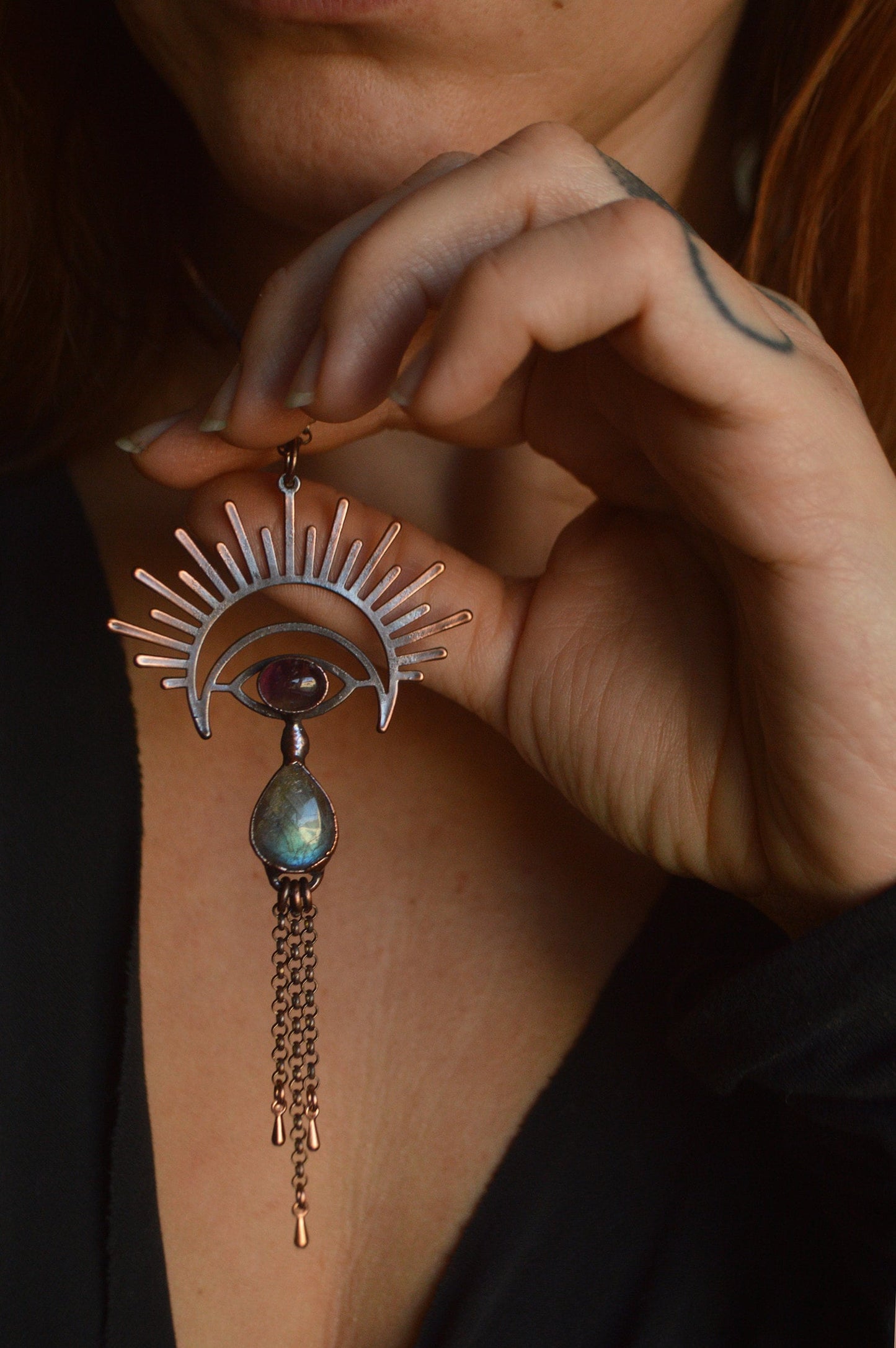 Copper eye pendant with labradorite and amethyst. Fringe tassel jewellery, boho style