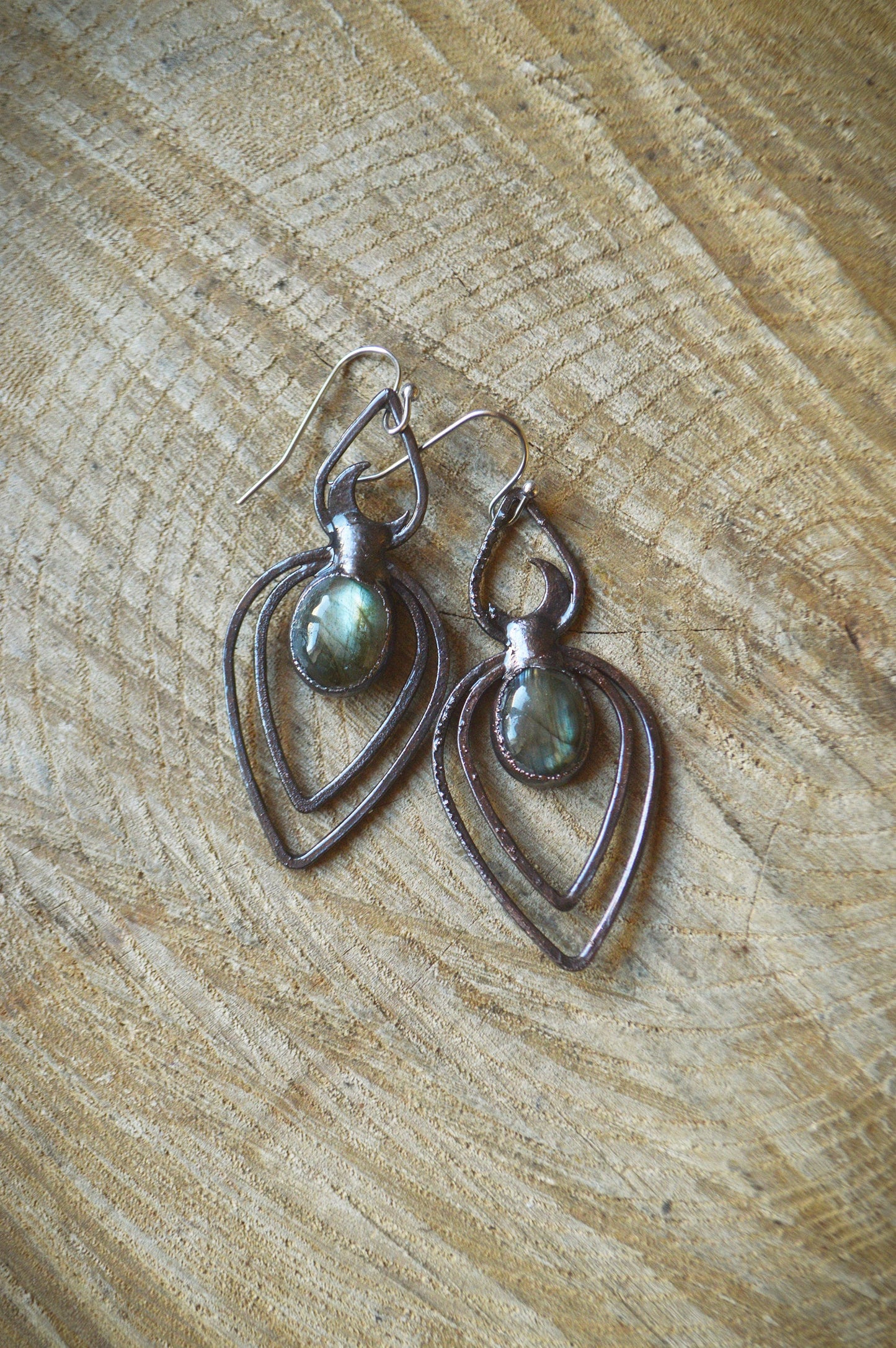 Labradorite potion bottle dangling earrings. Gunmetal black jewellery