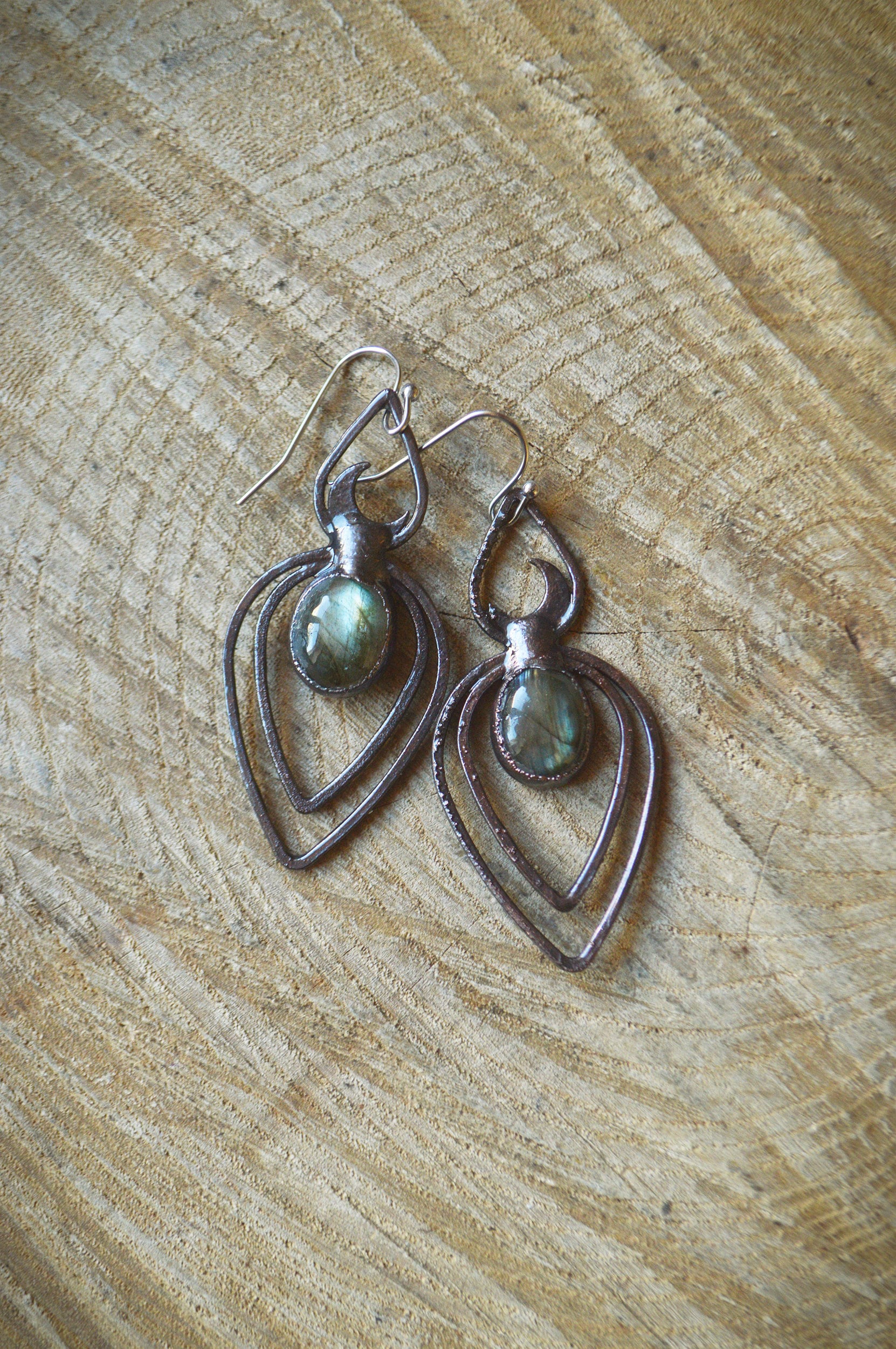 Labradorite potion bottle dangling earrings. Gunmetal black jewellery