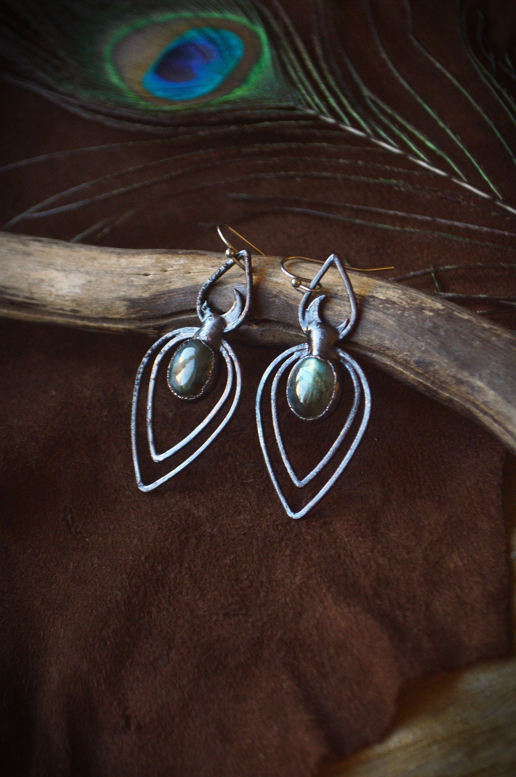 Labradorite potion bottle dangling earrings. Gunmetal black jewellery