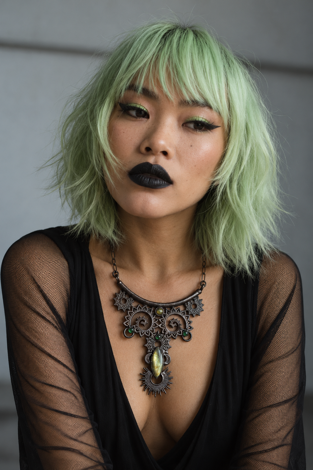 Dark tribal statement bib necklace. Gold labradorite and green onyx