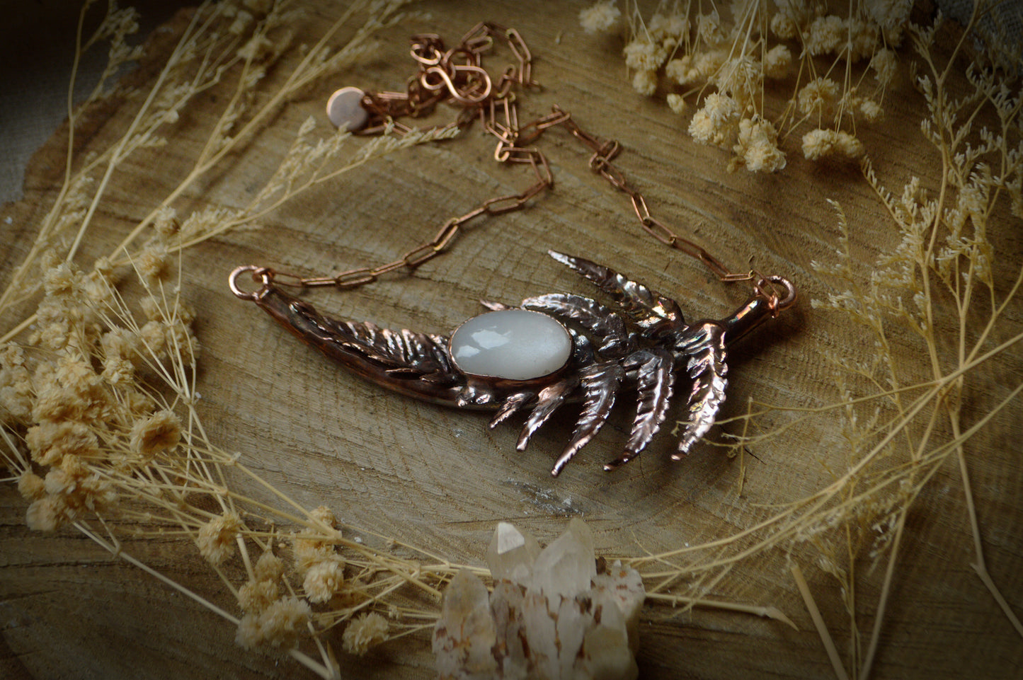 Real fern leaf collar with grey moonstone. Statement botanical necklace