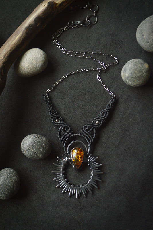 Nocturna collection - Gender neutral, total black amber pendant with macrame detail and leather necklace