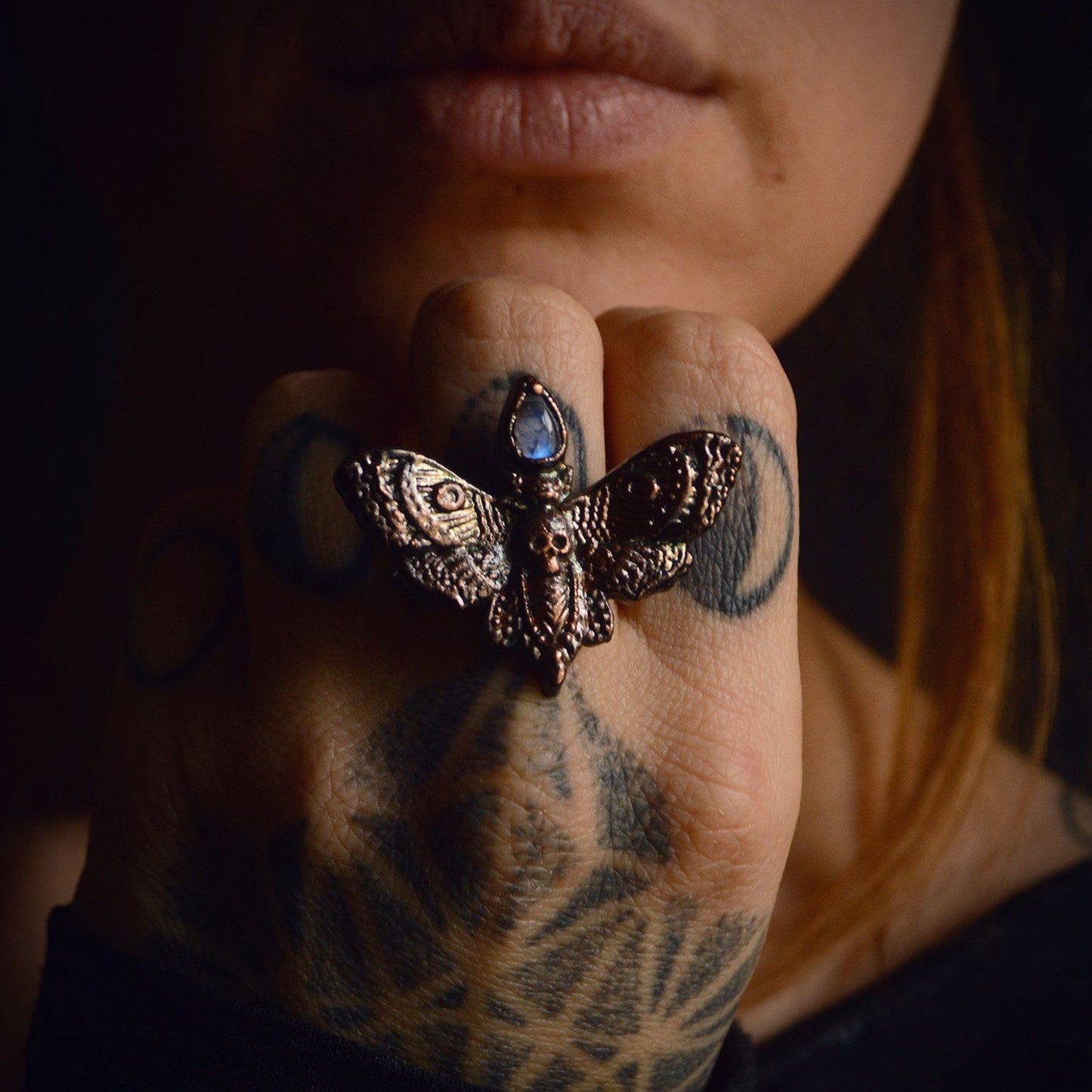 Made to order - Large moth ring with rainbow moonstone. Dark boho witchy style