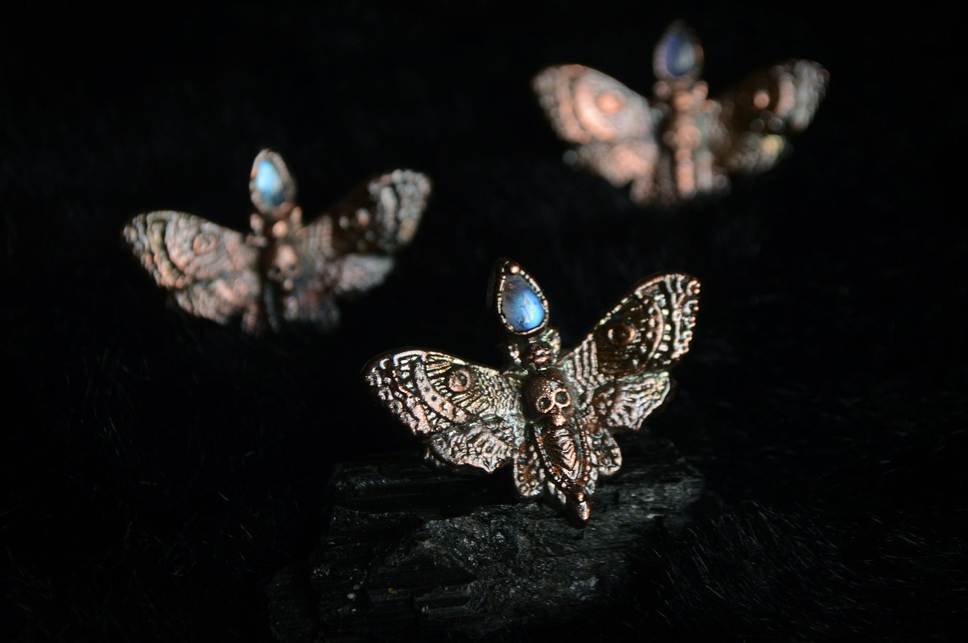 Made to order - Large moth ring with rainbow moonstone. Dark boho witchy style