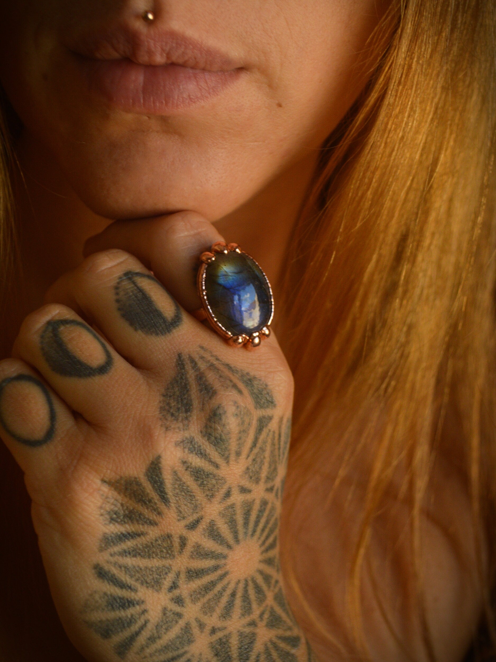 Made to order - Electroformed copper blue Labradorite ring. Boho statement ring