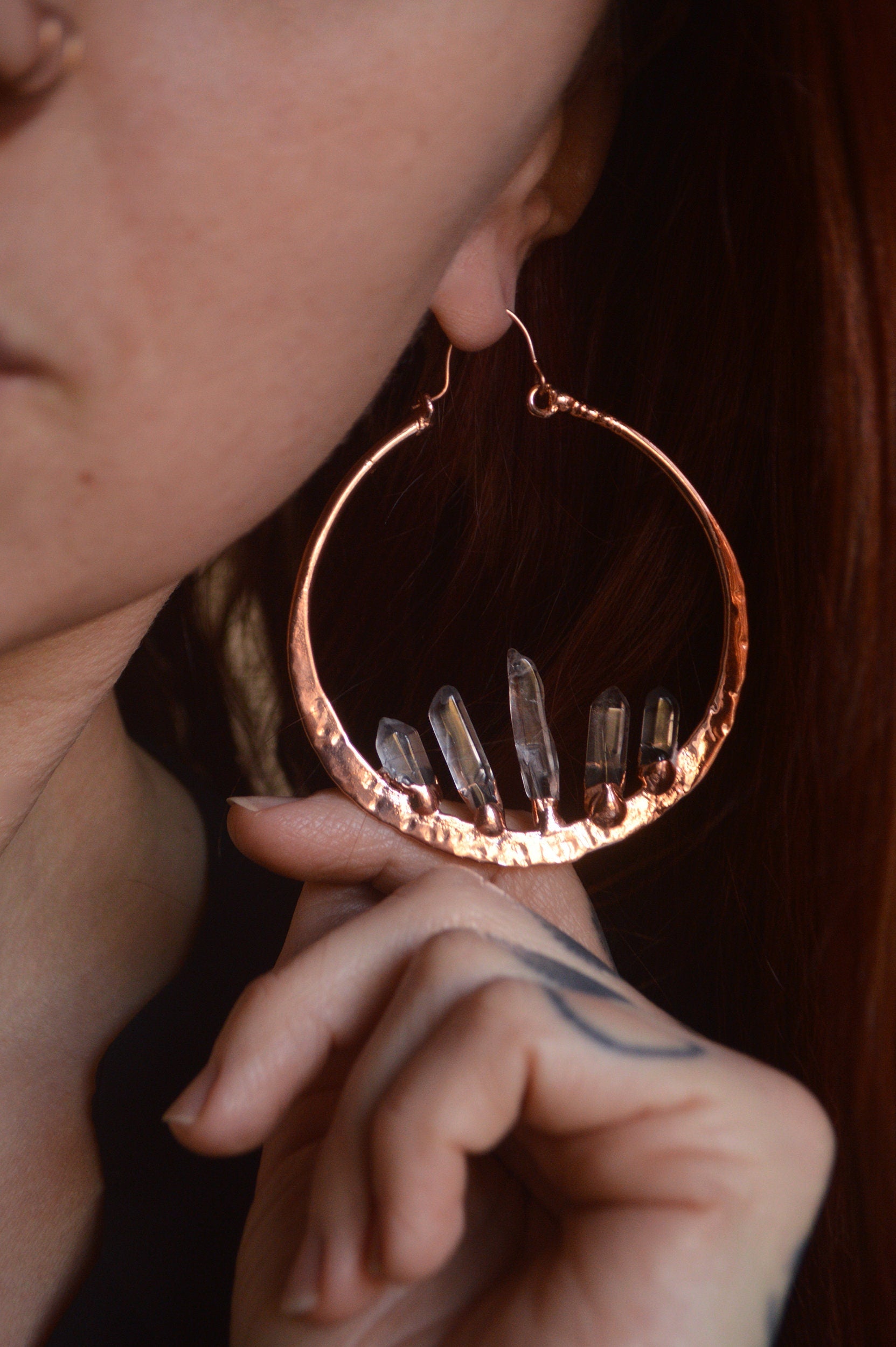 Oversized hammered hoops with quartz points. Electroformed rustic jewellery