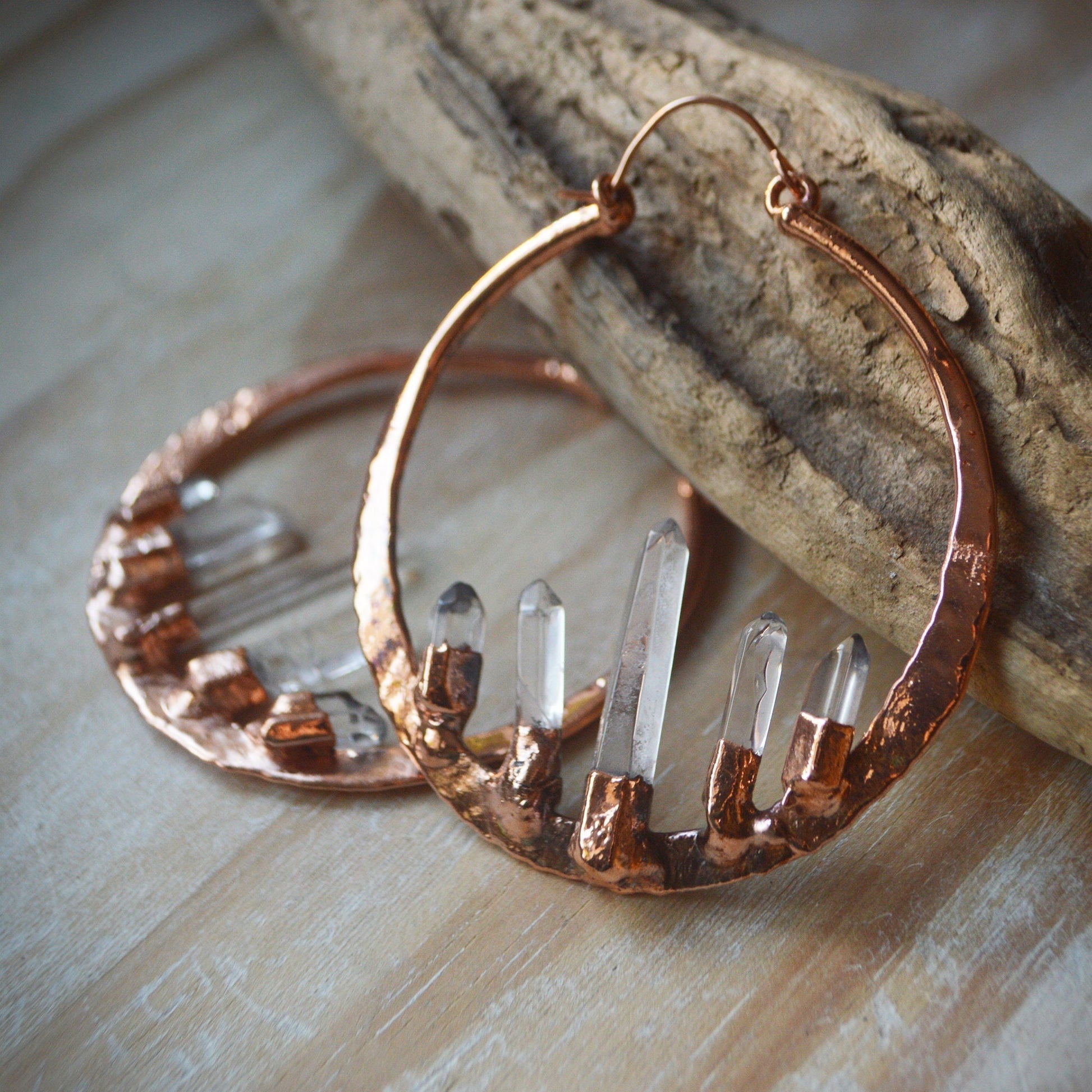 50 mm hammered hoops with quartz points. Electroformed rustic jewellery
