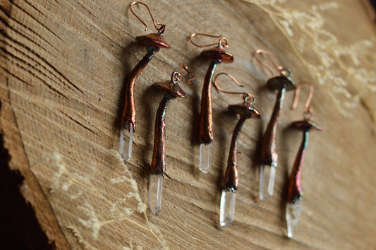 Whimsical mushroom earrings with quartz points