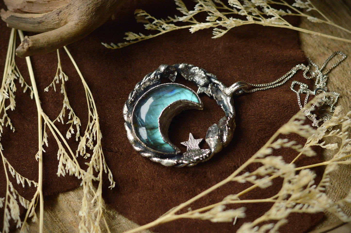 Labradorite moon pendant with botanical elements, enchanted woodland necklace