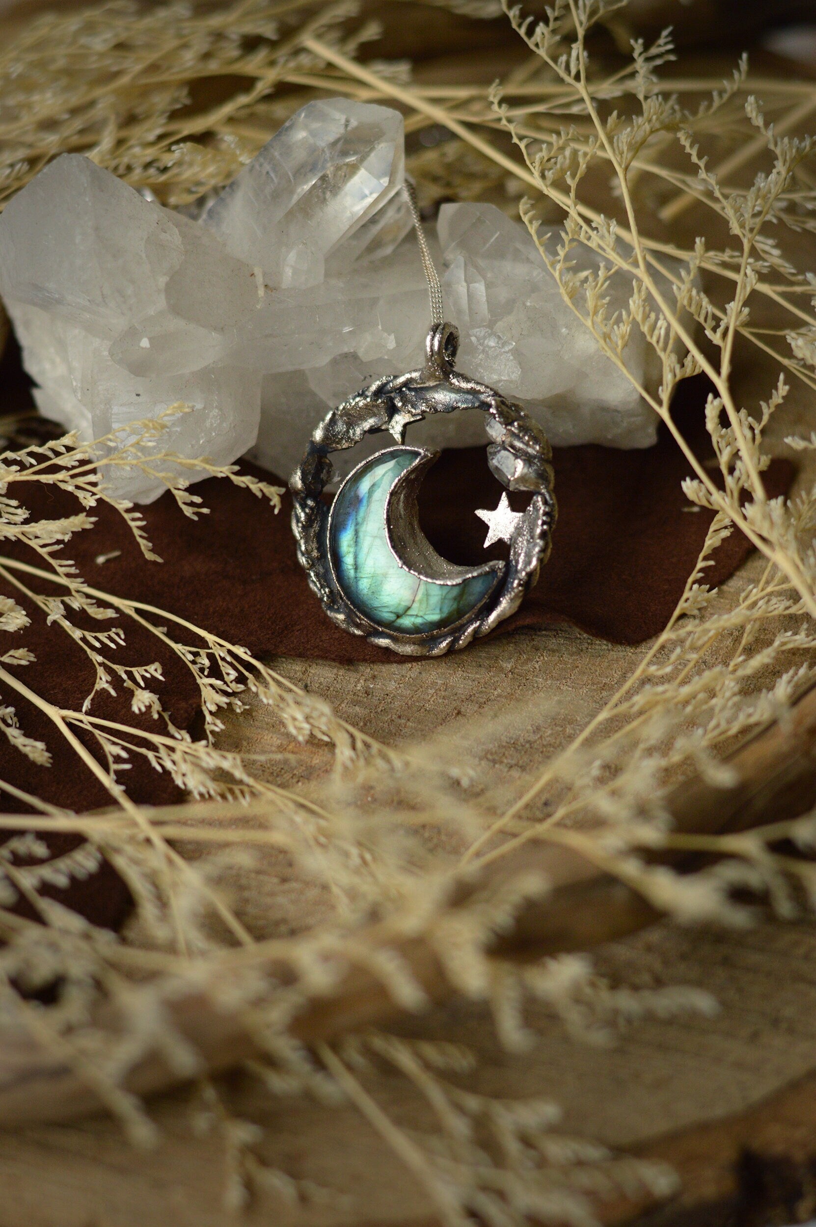 Labradorite moon pendant with botanical elements, enchanted woodland necklace