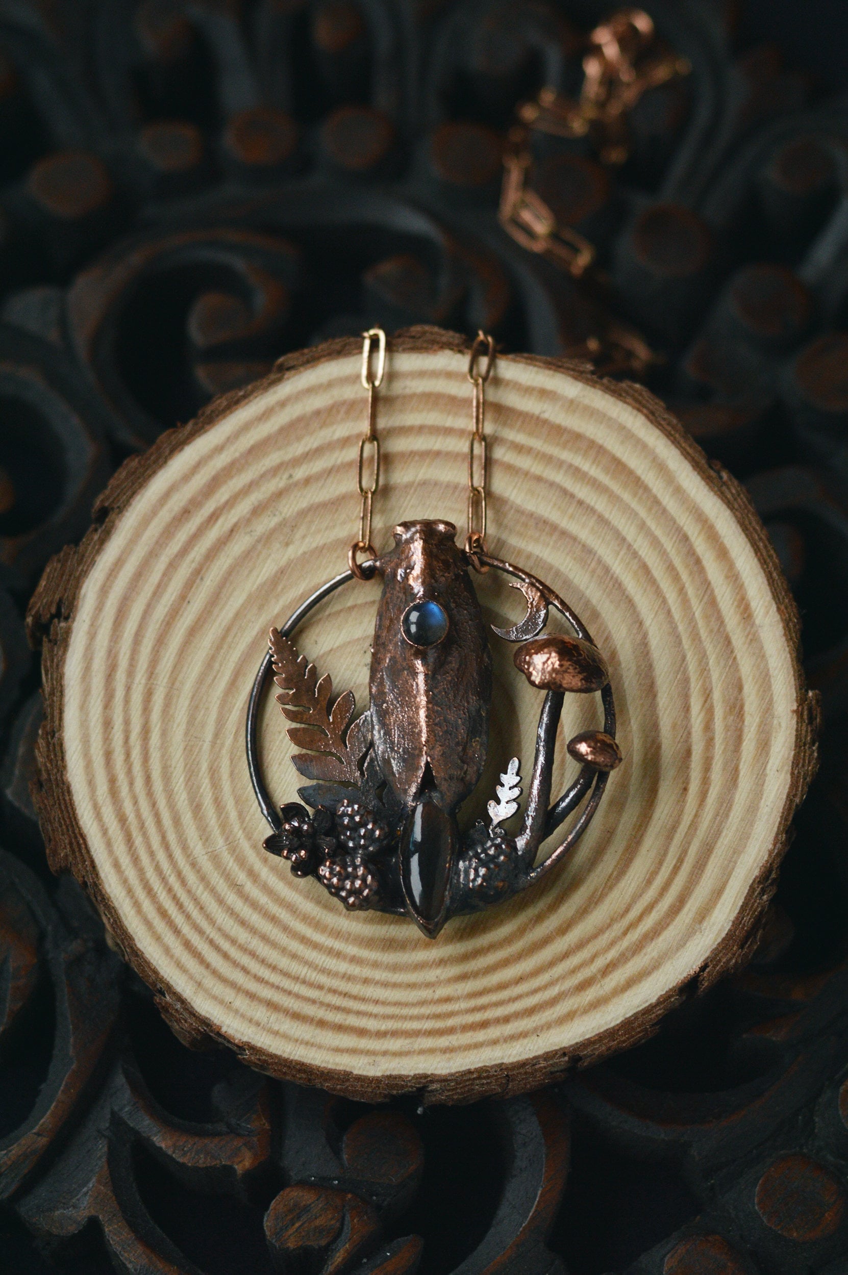 Real cicada pendant with mushrooms, labradorite and sunstone