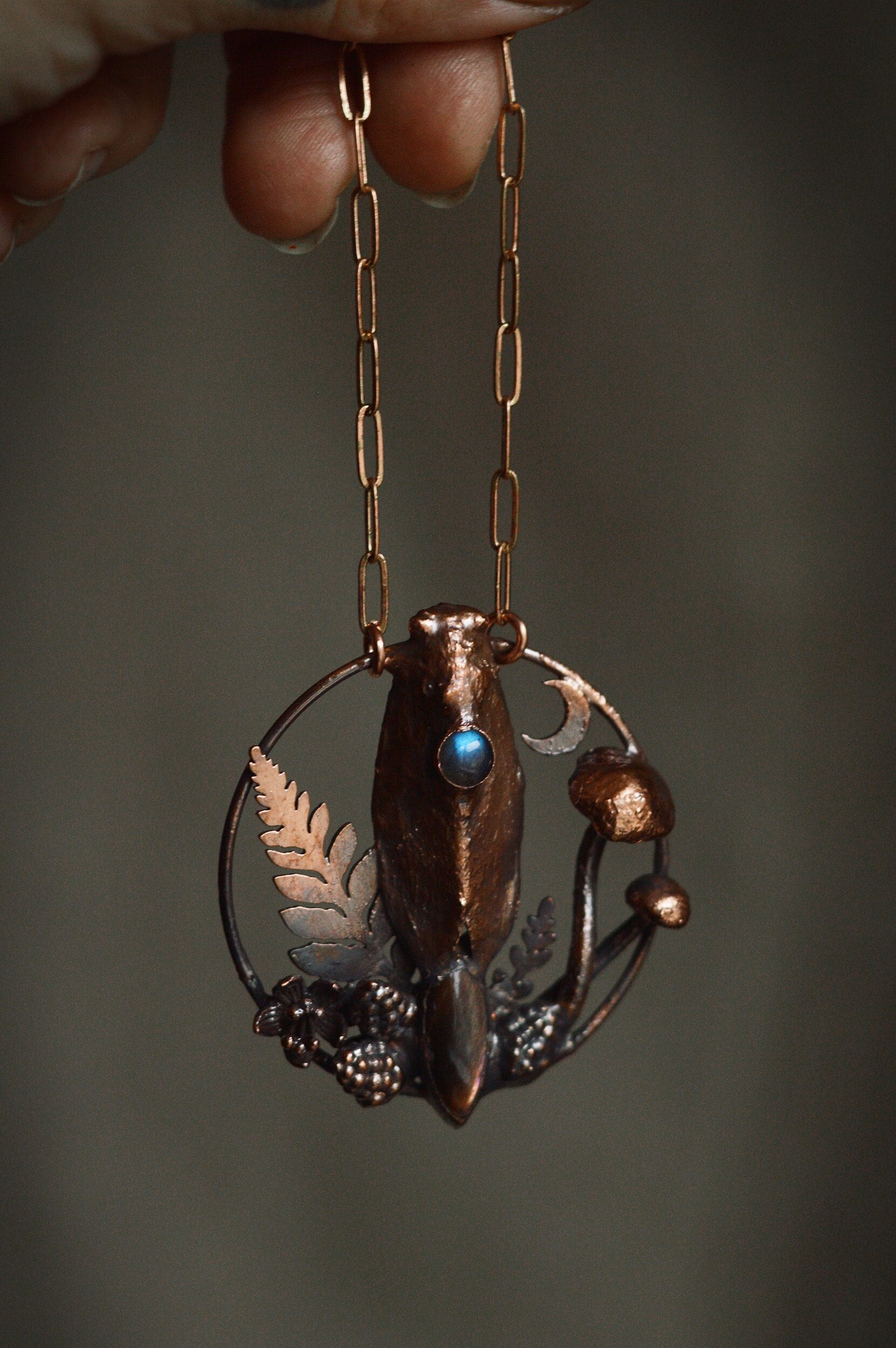 Real cicada pendant with mushrooms, labradorite and sunstone