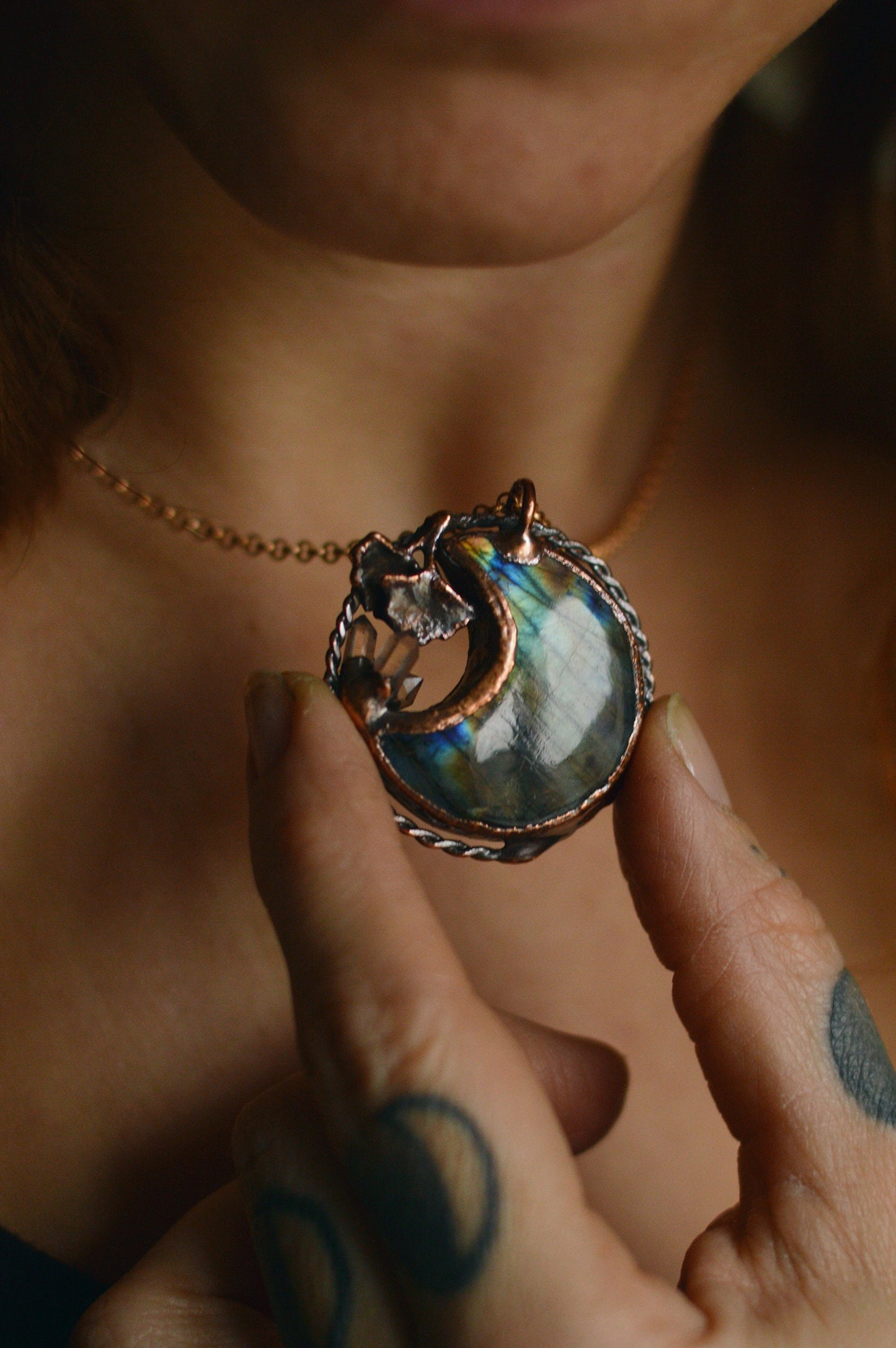 Fantasy pendant with labradorite moon and small quartz points. Cottage core, fairy core necklace