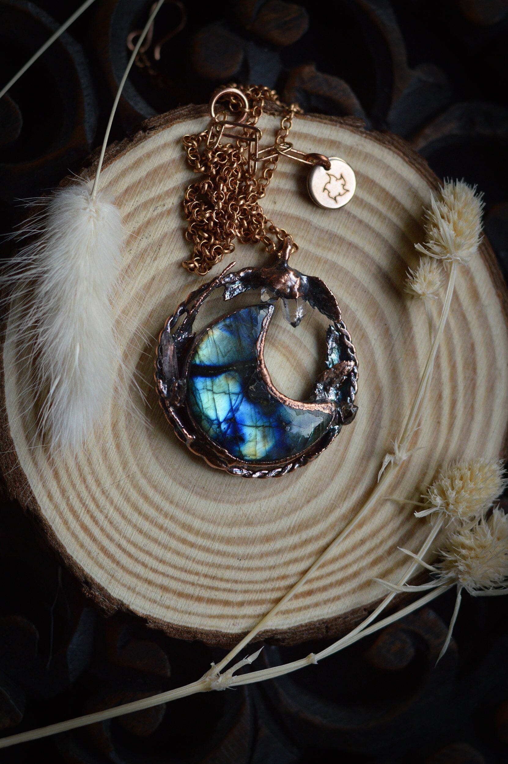 UV reactive quartz pendant. Labradorite moon and quartz point necklace. Magical, whimsical jewellery