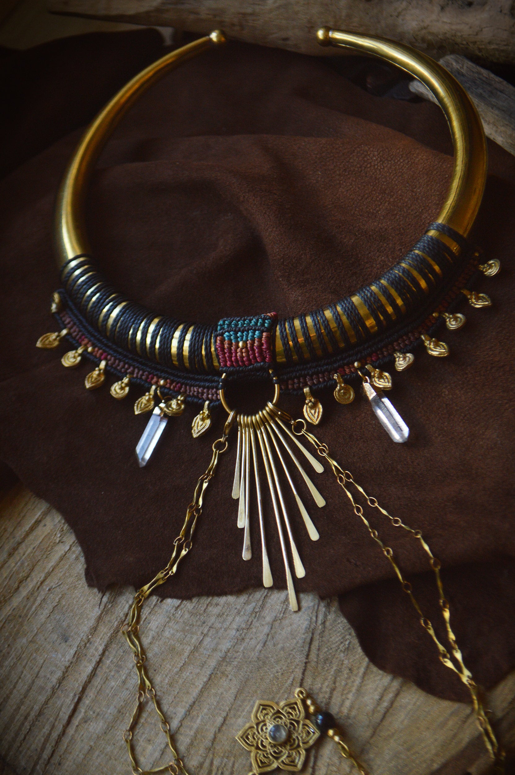 Tribal macrame body harness with quartz points, brass chains and detachable brass collar