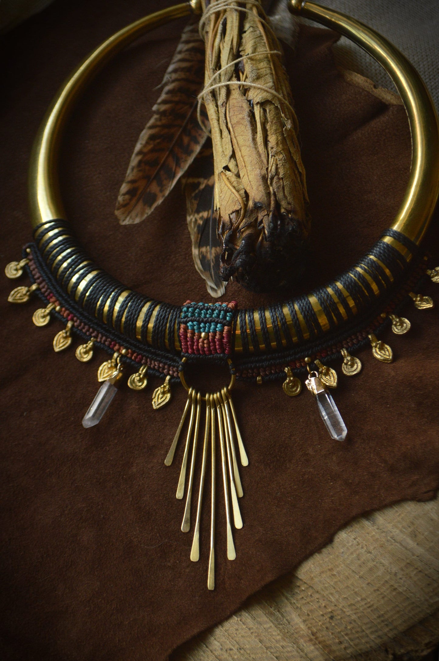 Tribal macrame body harness with quartz points, brass chains and detachable brass collar