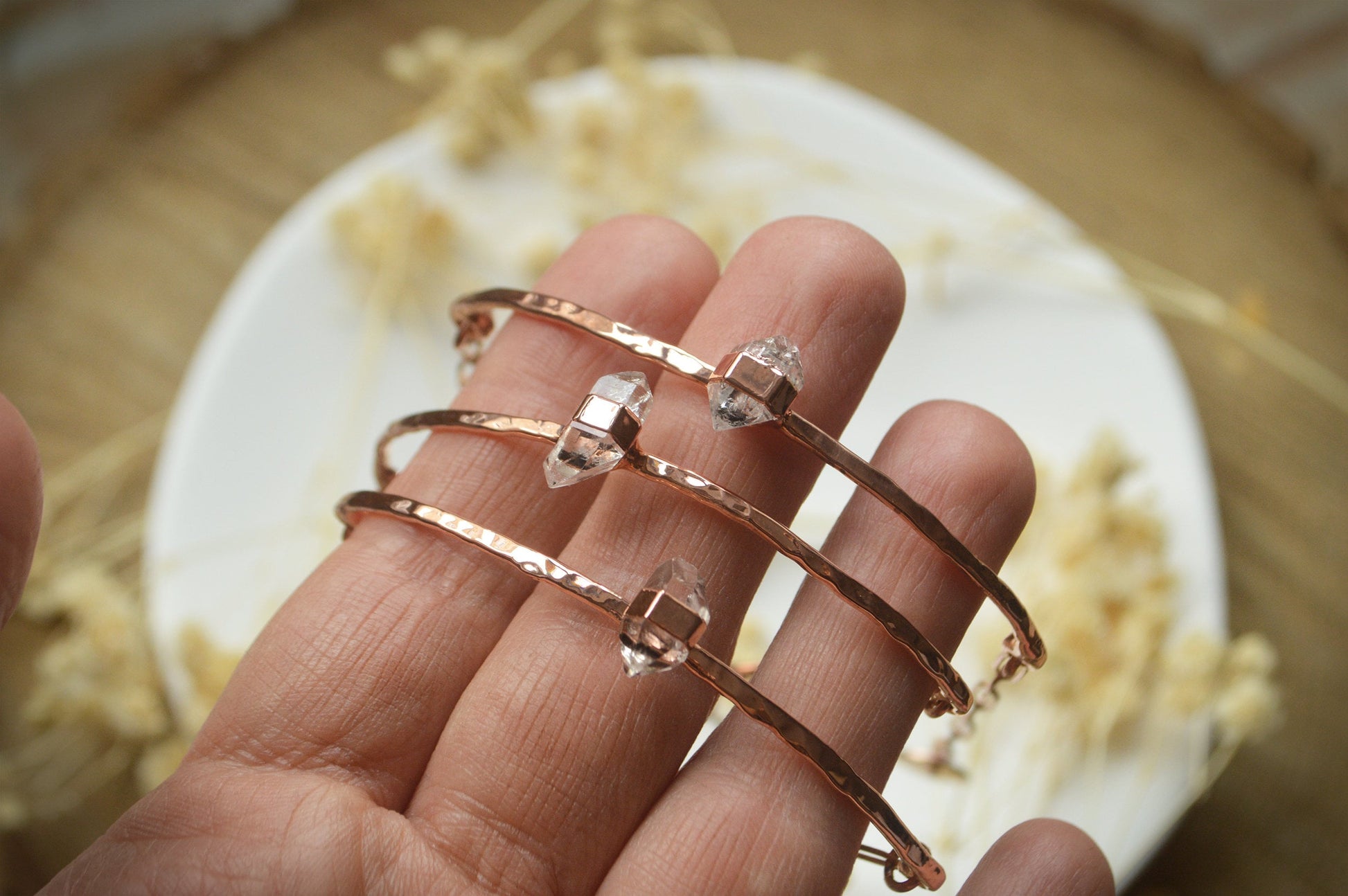 Double terminated quartz crystal, dainty rustic hammered bracelet. Electroformed, raw jewellery