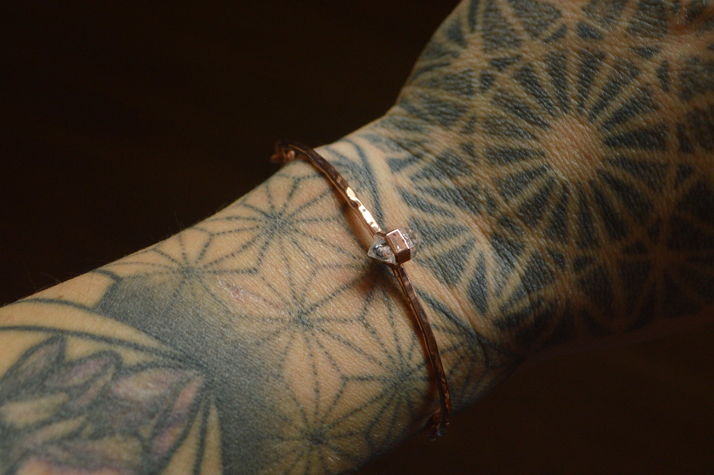 Double terminated quartz crystal, dainty rustic hammered bracelet. Electroformed, raw jewellery